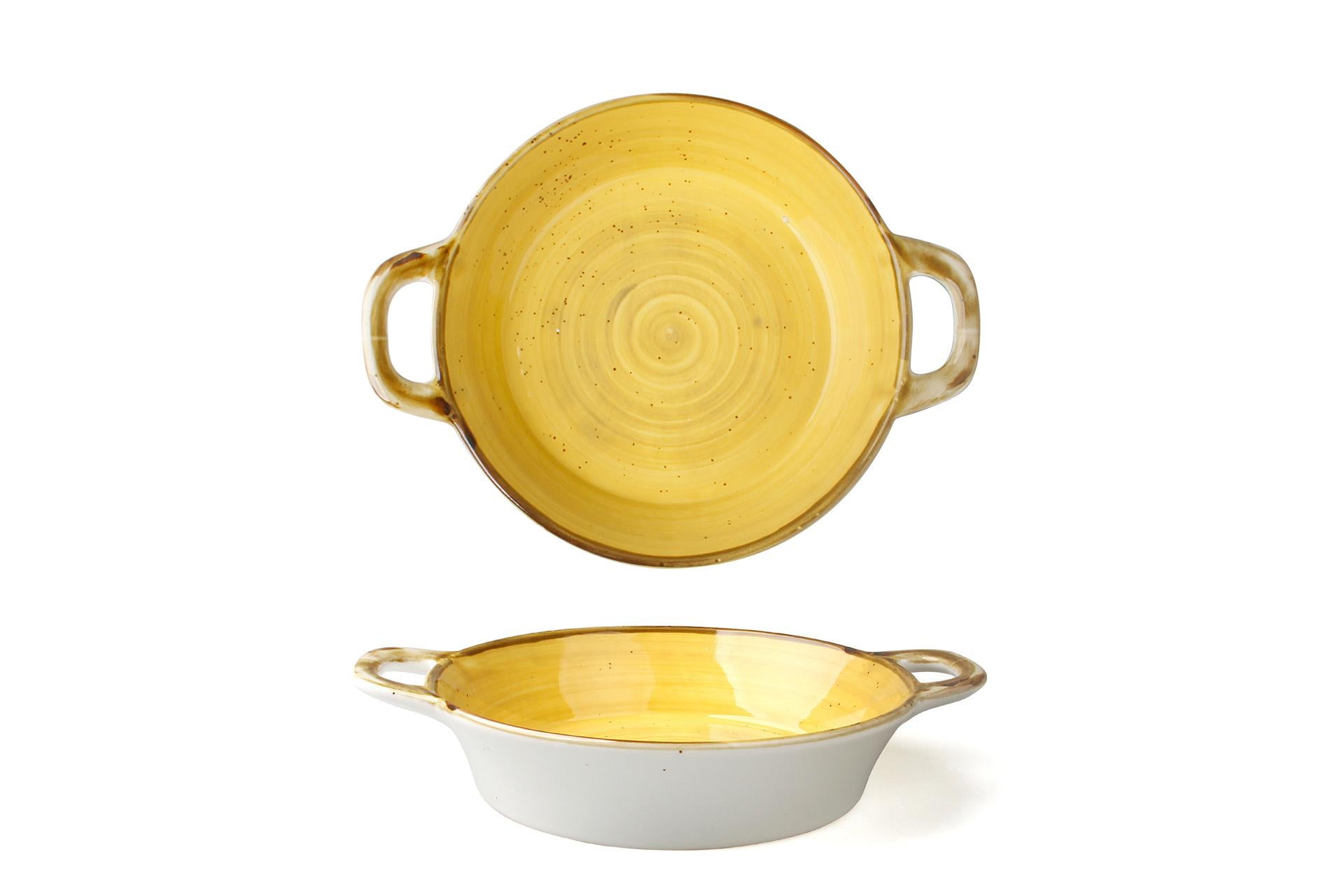 JustColor Tegamino 2 Manici Ø15 cm Giallo In Porcellana Con Finitura Puntini Sesamo - Set 3 Pz
