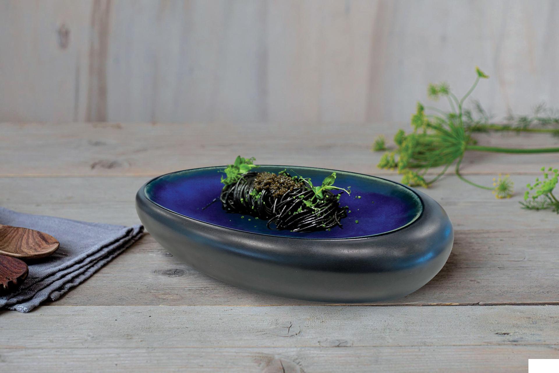 Import Tavola Professional Madeira Piatto Alto Ovale 26.5x22.5 cm In Porcellana Nero-Blu - Set 4 Pz