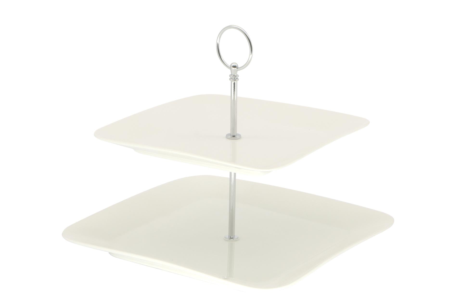 Import Tavola Professional Alzata 2 Piani Quadra 27x27x23.5 cm In Porcellana Bianca