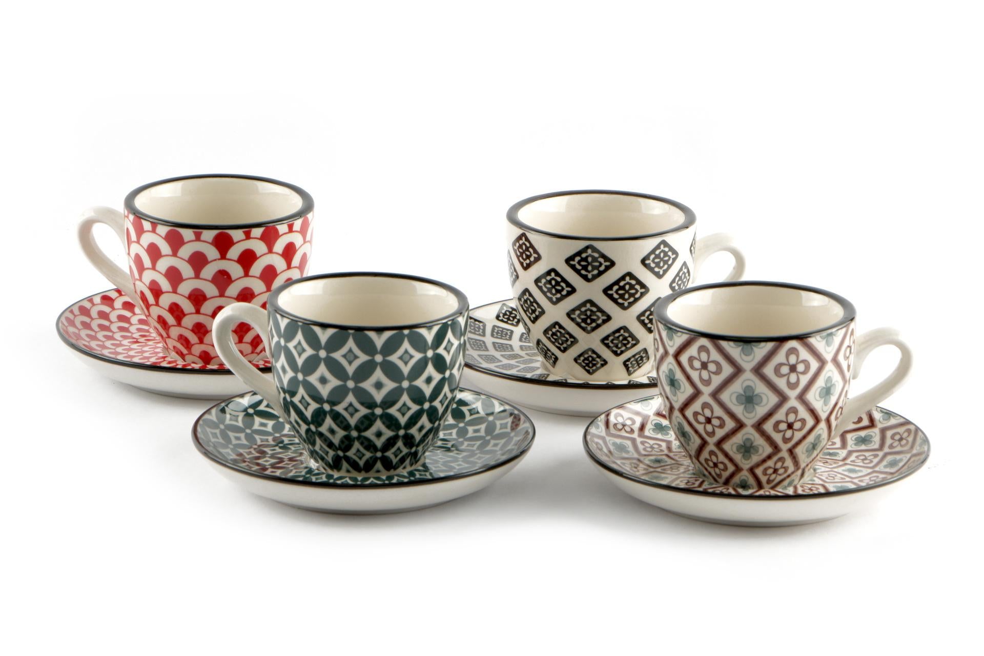 Import Tavola Professional Mosaik Set 4 Tazze da Caffè con Piattino 9 cl - Decori Assortiti In Stoneware - Set 4 Pz