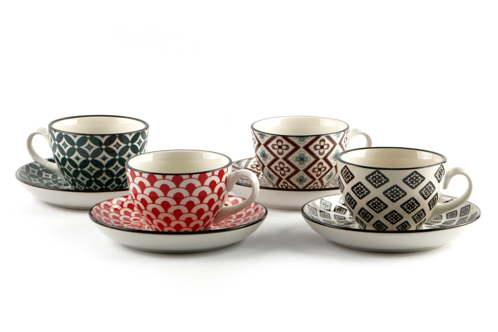 Import Tavola Professional Mosaik Set 4 Tazze da Tè con Piattino 16 cl - Decori Assortiti In Stoneware - Set 4 Pz