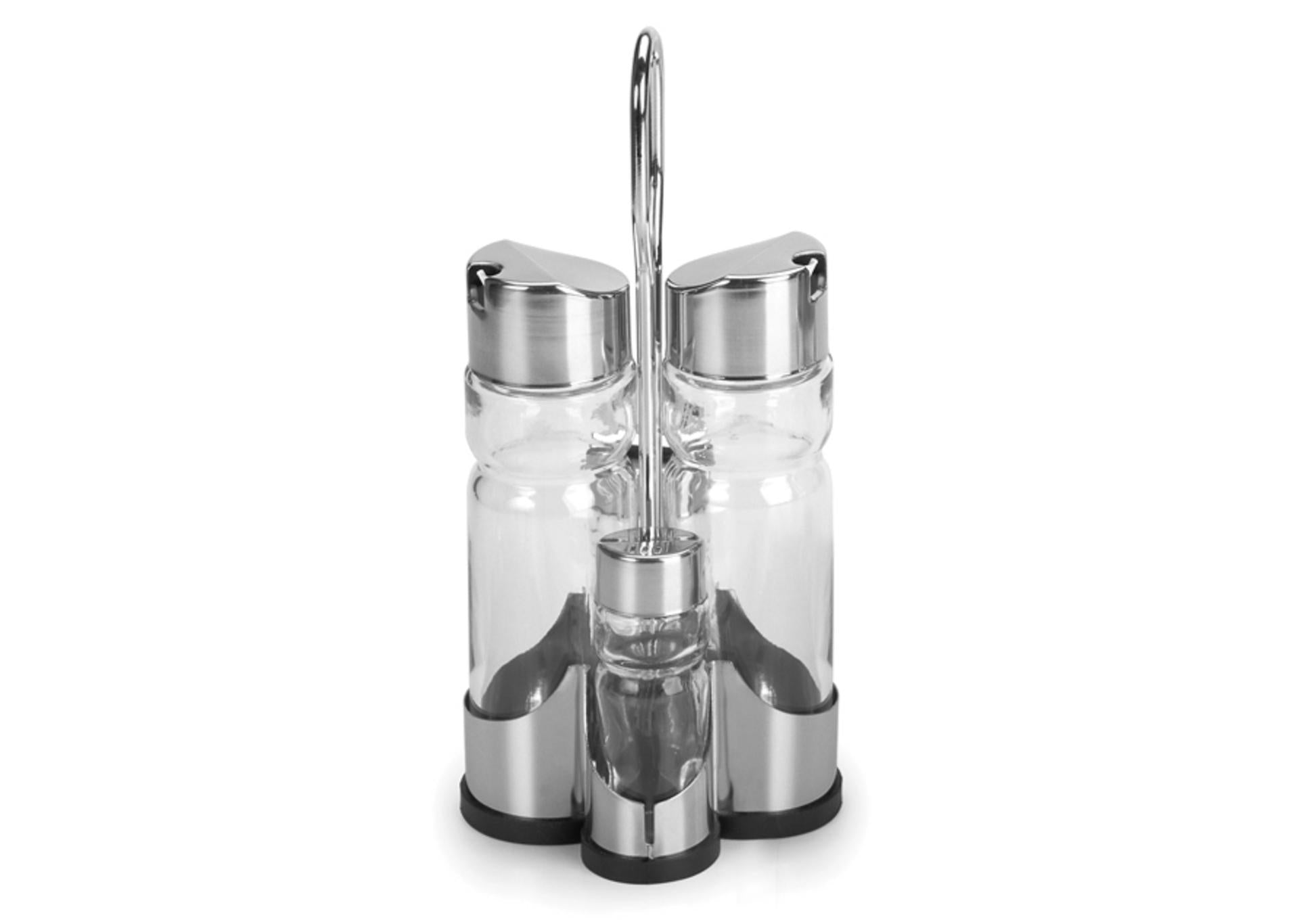 Comas Set Menage 4 Pezzi In Vetro e Acciaio Inox - Oliera e Saliera Con Supporto Inox - Set 4 Pz