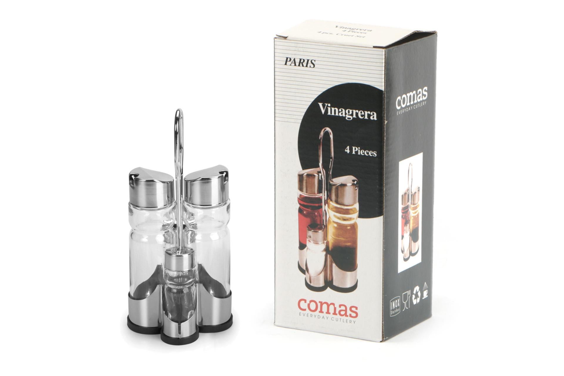 Comas Set Menage 4 Pezzi In Vetro e Acciaio Inox - Oliera e Saliera Con Supporto Inox - Set 4 Pz