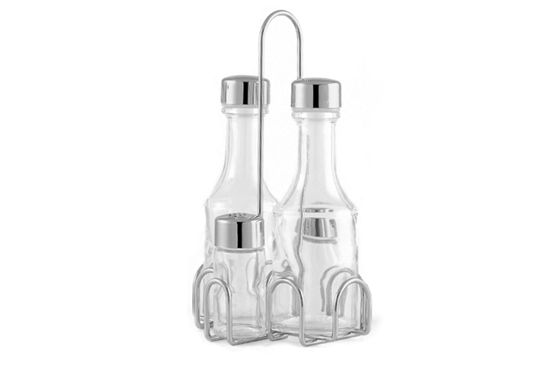Comas Menage 4 Pezzi In Vetro e Acciaio Inox 3103 - Set Oliera Con Supporto Filo Inox - Set 4 Pz
