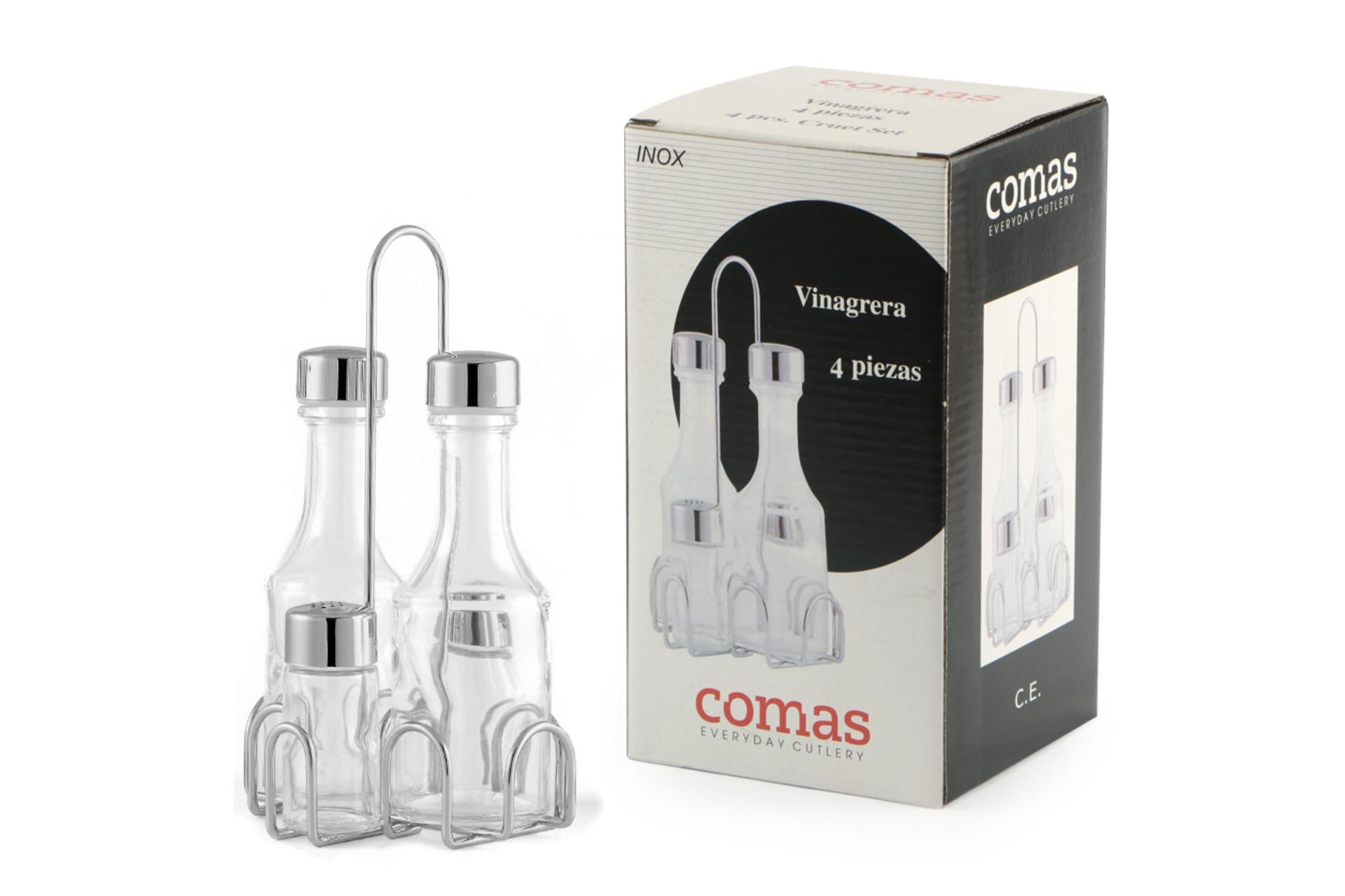 Comas Menage 4 Pezzi In Vetro e Acciaio Inox 3103 - Set Oliera Con Supporto Filo Inox - Set 4 Pz