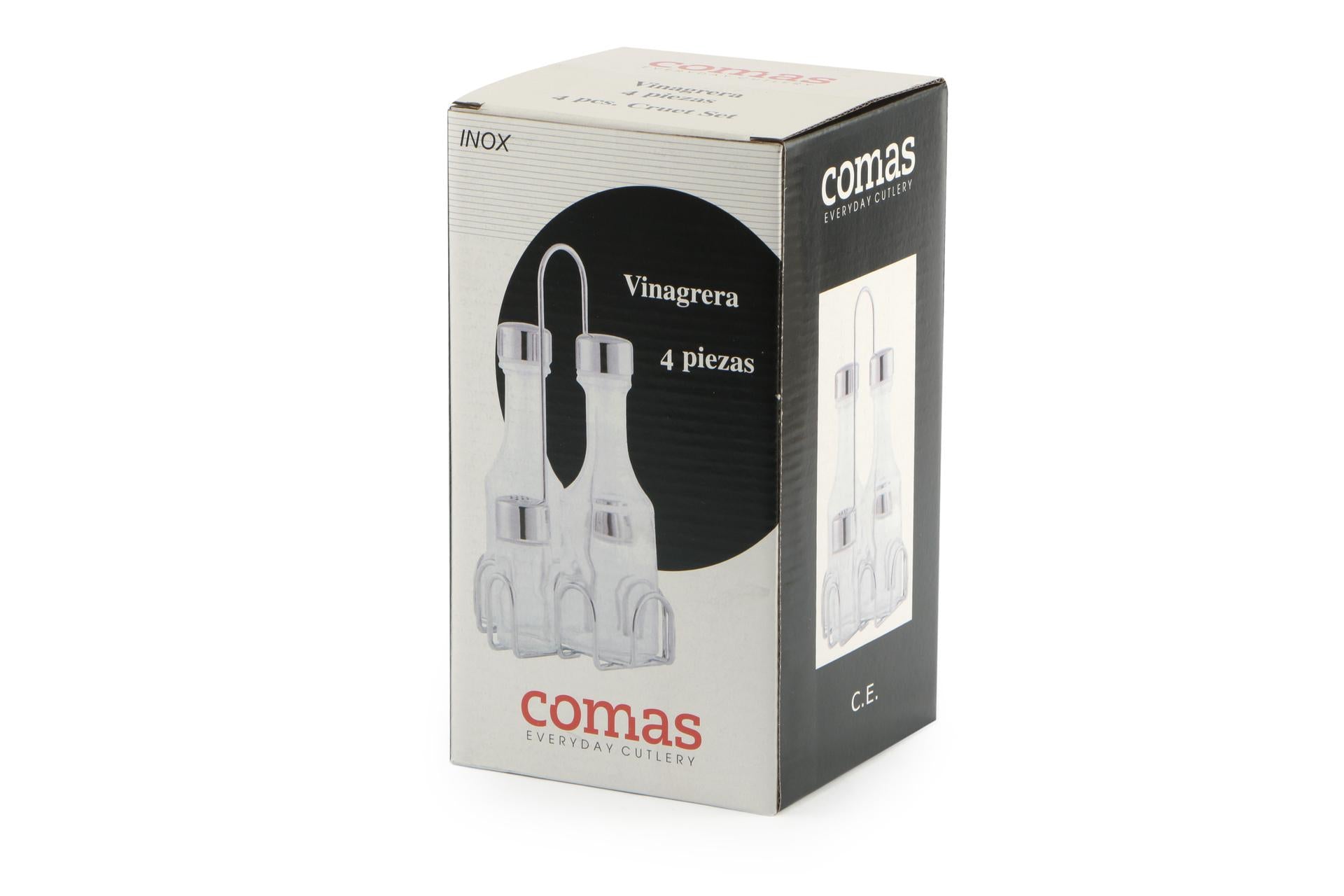 Comas Menage 4 Pezzi In Vetro e Acciaio Inox 3103 - Set Oliera Con Supporto Filo Inox - Set 4 Pz 3