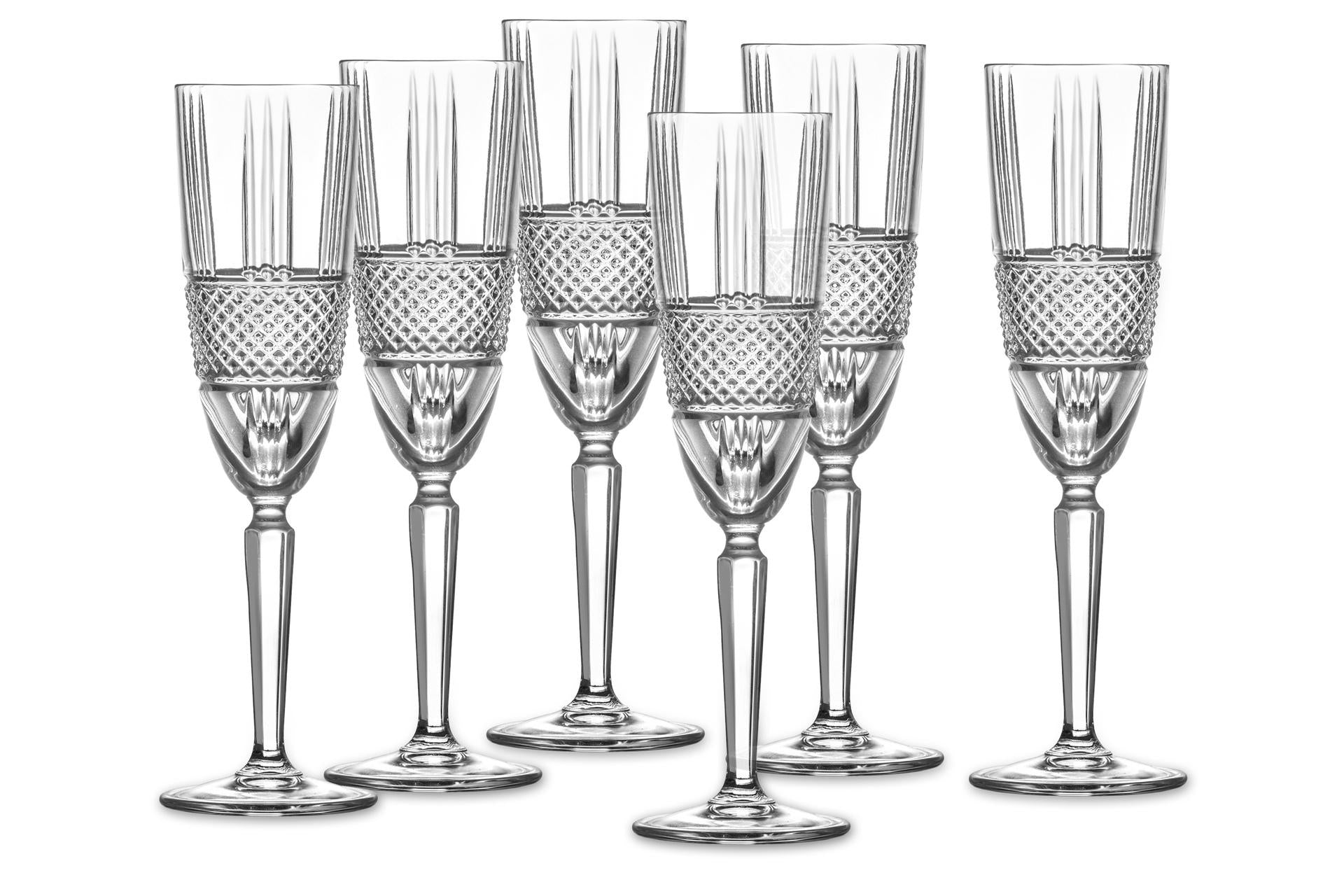 RCR Cristalleria Italiana Brillante Set 6 Calici Flute 19 cl In Eco-Crystal Con Intaglio a Diamante - Set 6 Pz