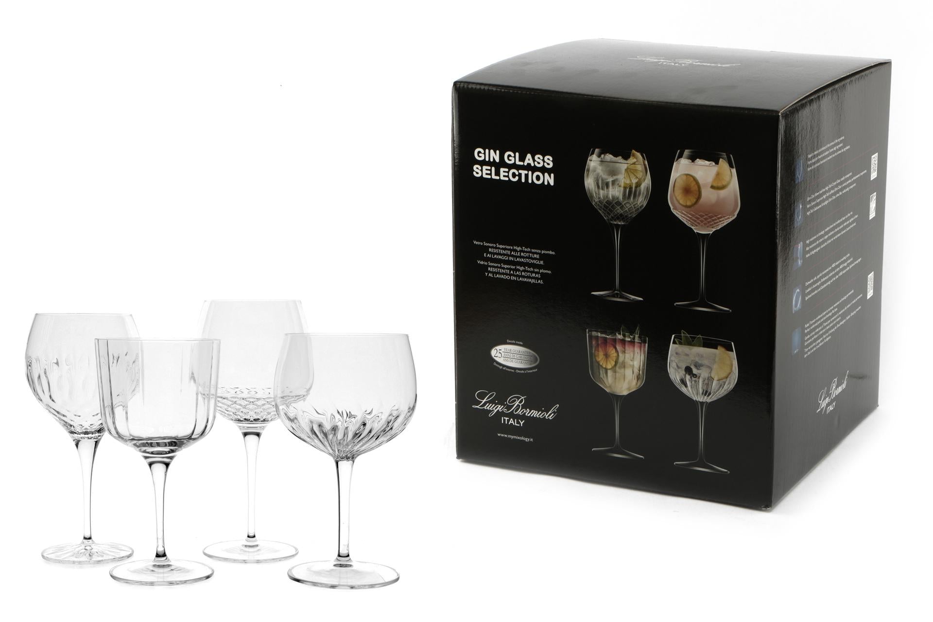 Bormioli Luigi Set 4 Calici Gin - Bach 60cl, Diamante 65cl, Roma 80cl, Mixology Gin Tonic 80cl - Idea Regalo - Set 4 Pz
