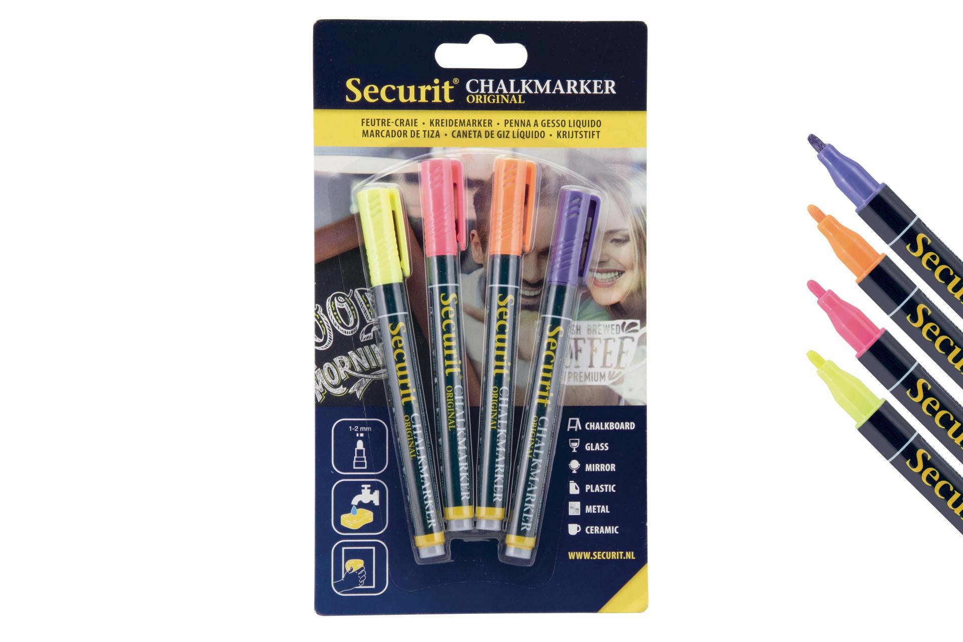 Securit Set 4 Pennarelli a Gesso Liquido Punta Fine 1-2 mm - Colori Tropicali (Arancione, Rosa, Viola, Giallo) - Set 4 Pz