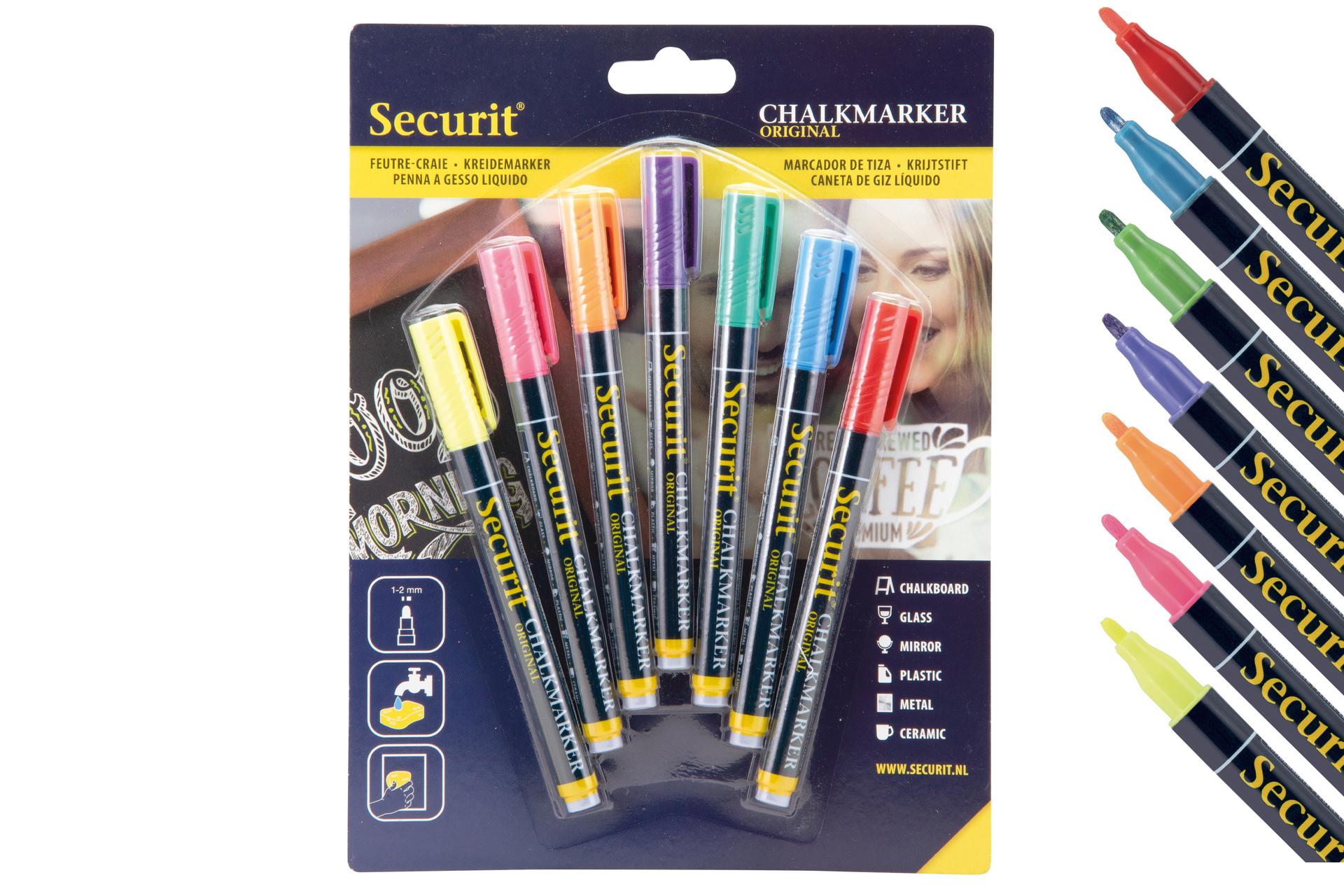 Securit Set 7 Pennarelli a Gesso Liquido Punta Fine 1-2 mm - Colori Assortiti - Set 7 Pz
