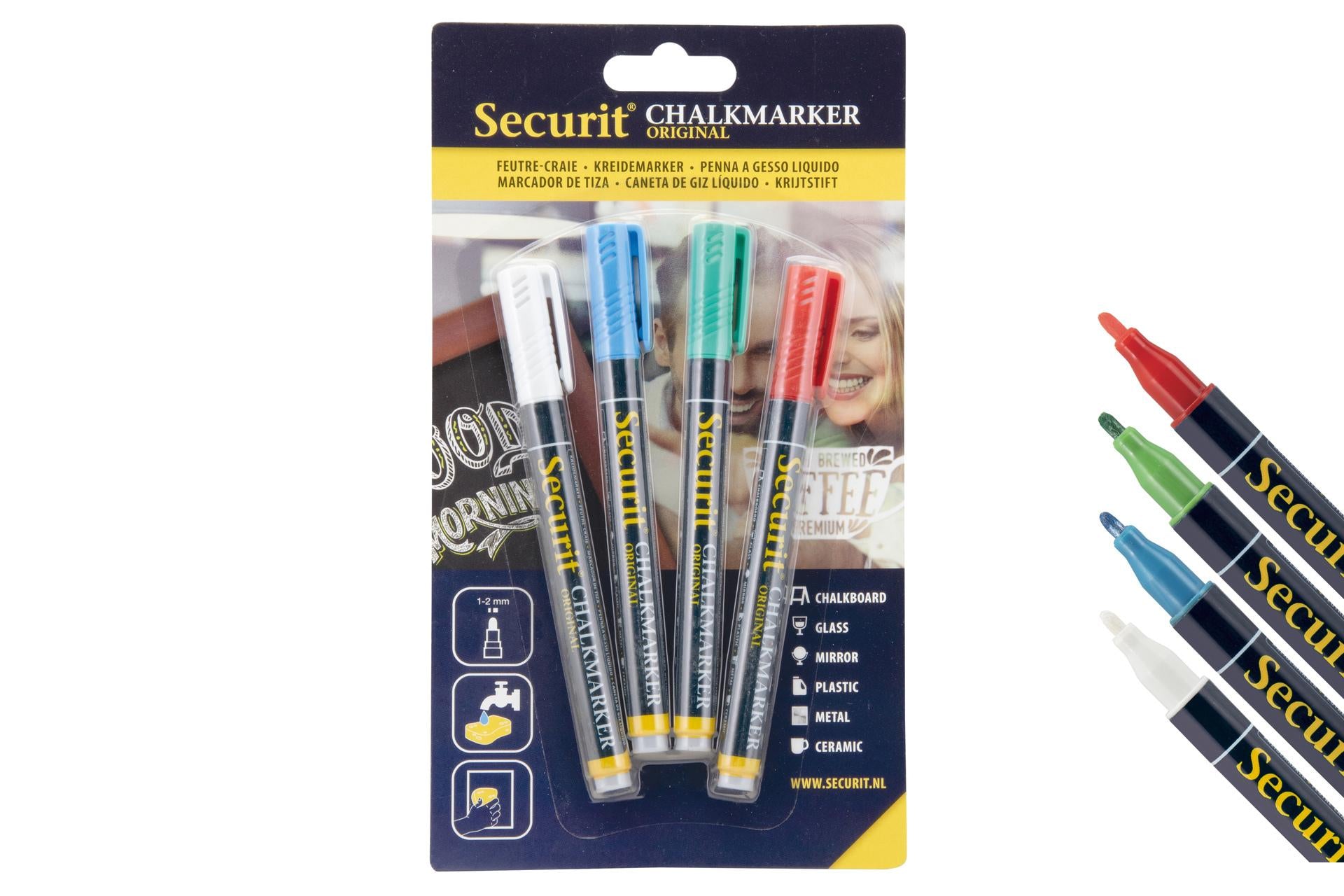 Securit Set 4 Pennarelli a Gesso Liquido Punta Fine 1-2 mm - Colori Base Bianco, Verde, Rosso, Blu - Set 4 Pz