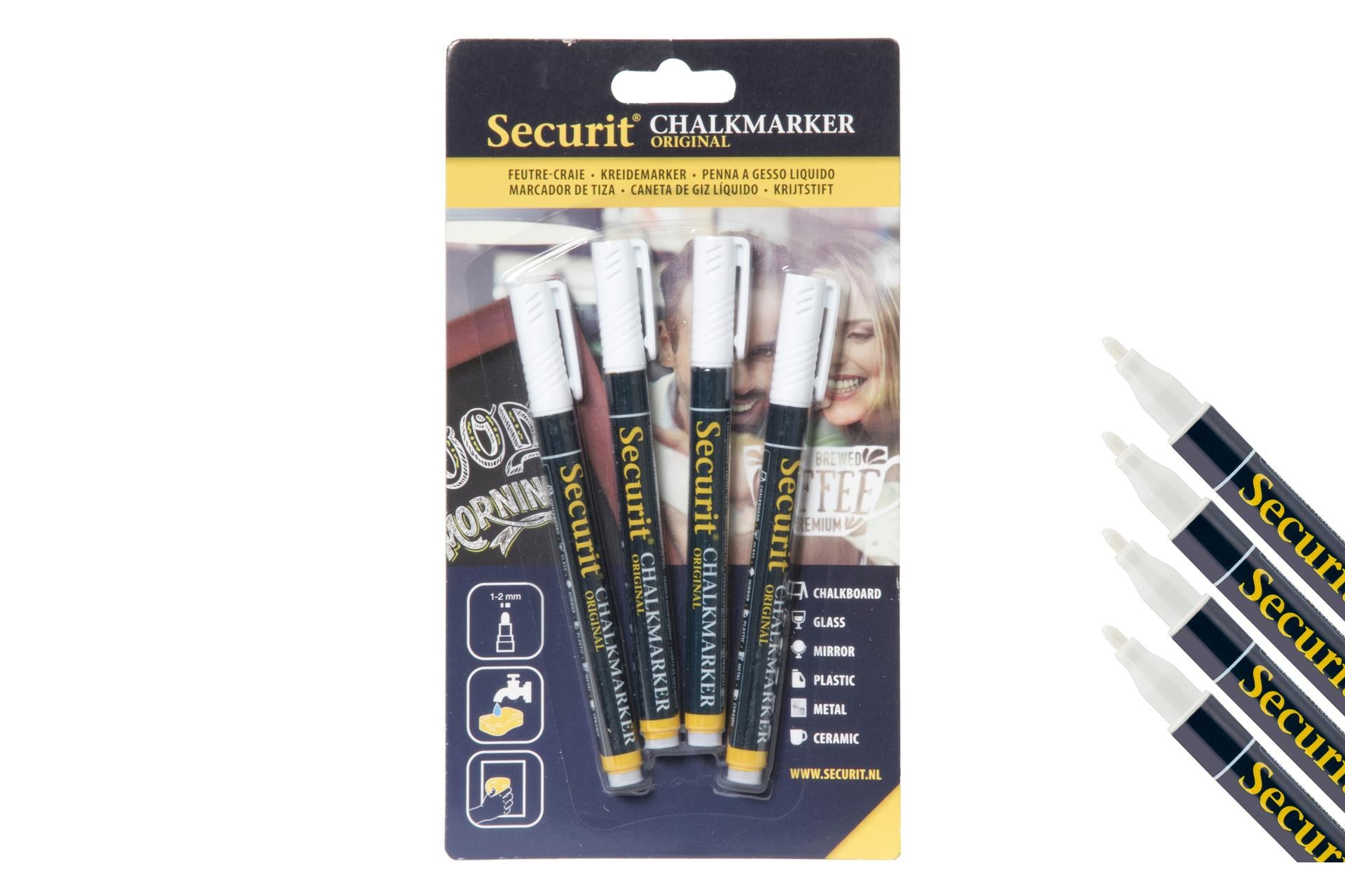 Securit Set 4 Pennarelli a Gesso Liquido Punta Fine 1-2 mm - Colore Bianco - Set 4 Pz