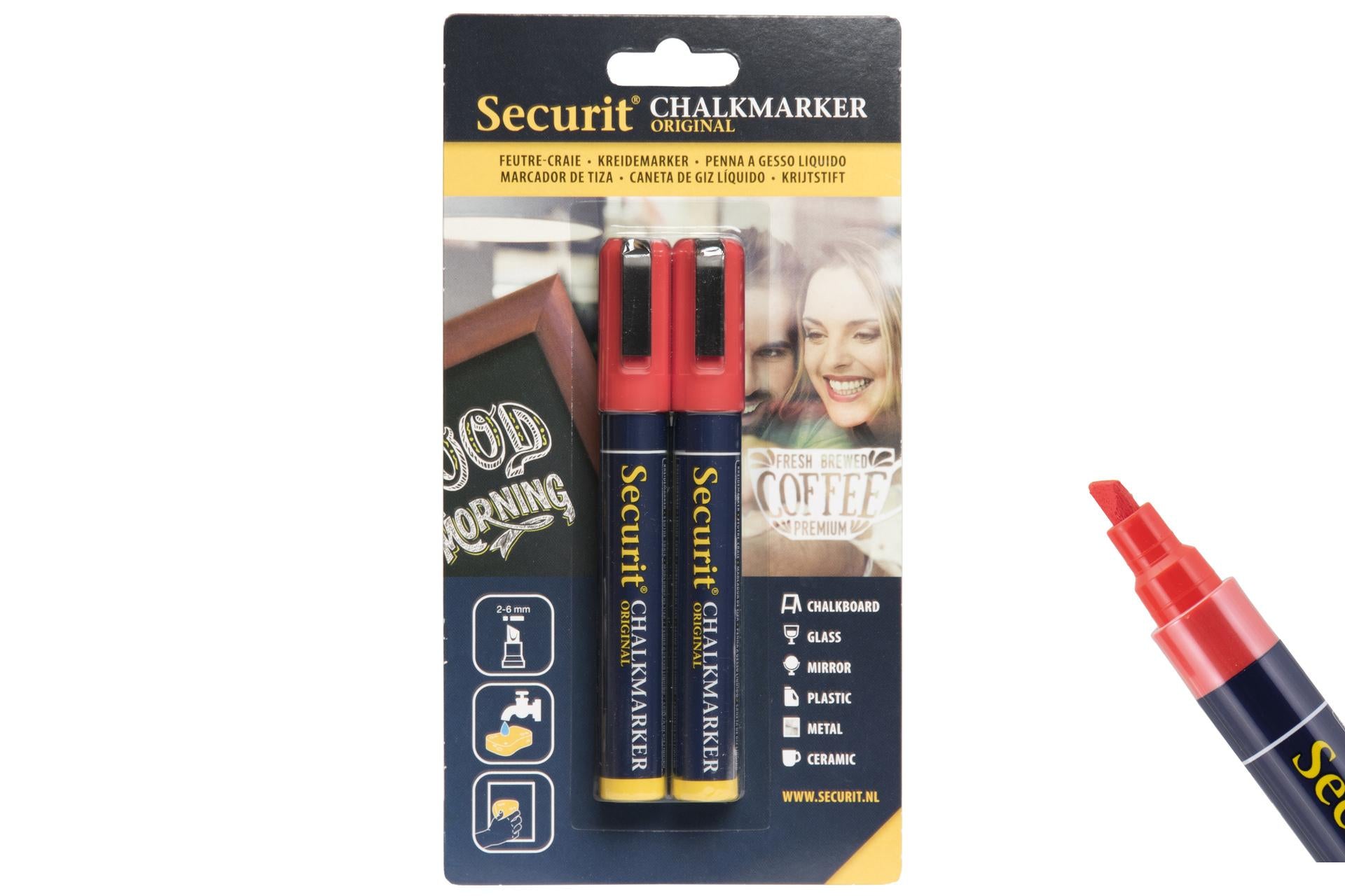 Securit Set 2 Pennarelli a Gesso Liquido Rosso - Punta Media 2-6 mm - Set 2 Pz