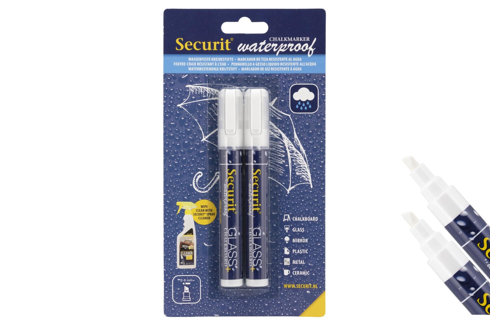 Securit Set 2 Pennarelli a Gesso Liquido Impermeabili - Punta Media 2-6 mm a Scalpello, Colore Bianco - Set 2 Pz