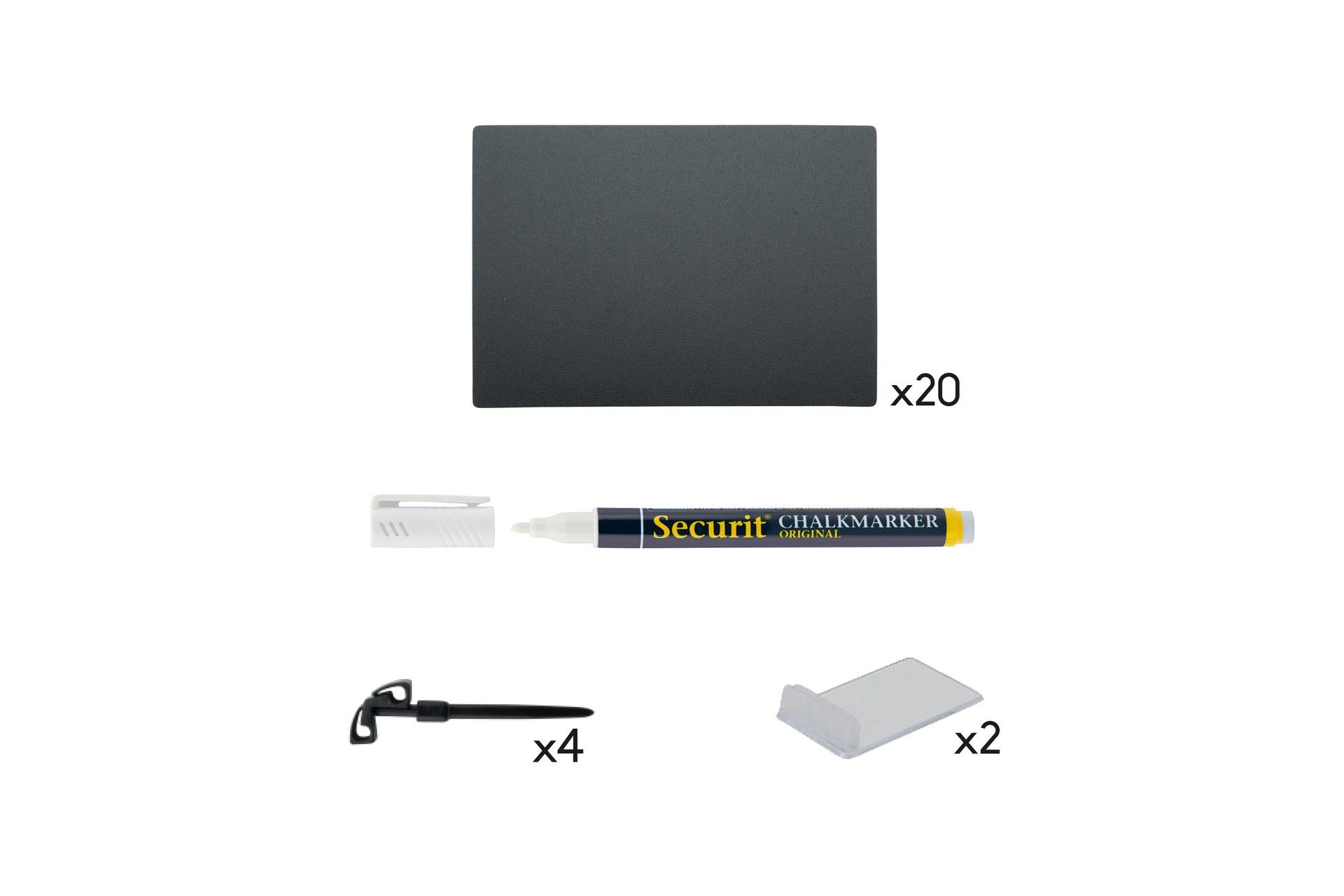 Securit Lavagnetta Tag Nera Formato A7 - 10,5 x 7,4 cm Con Pennarello a Gesso Liquido e Supporti - Set 5 Pz