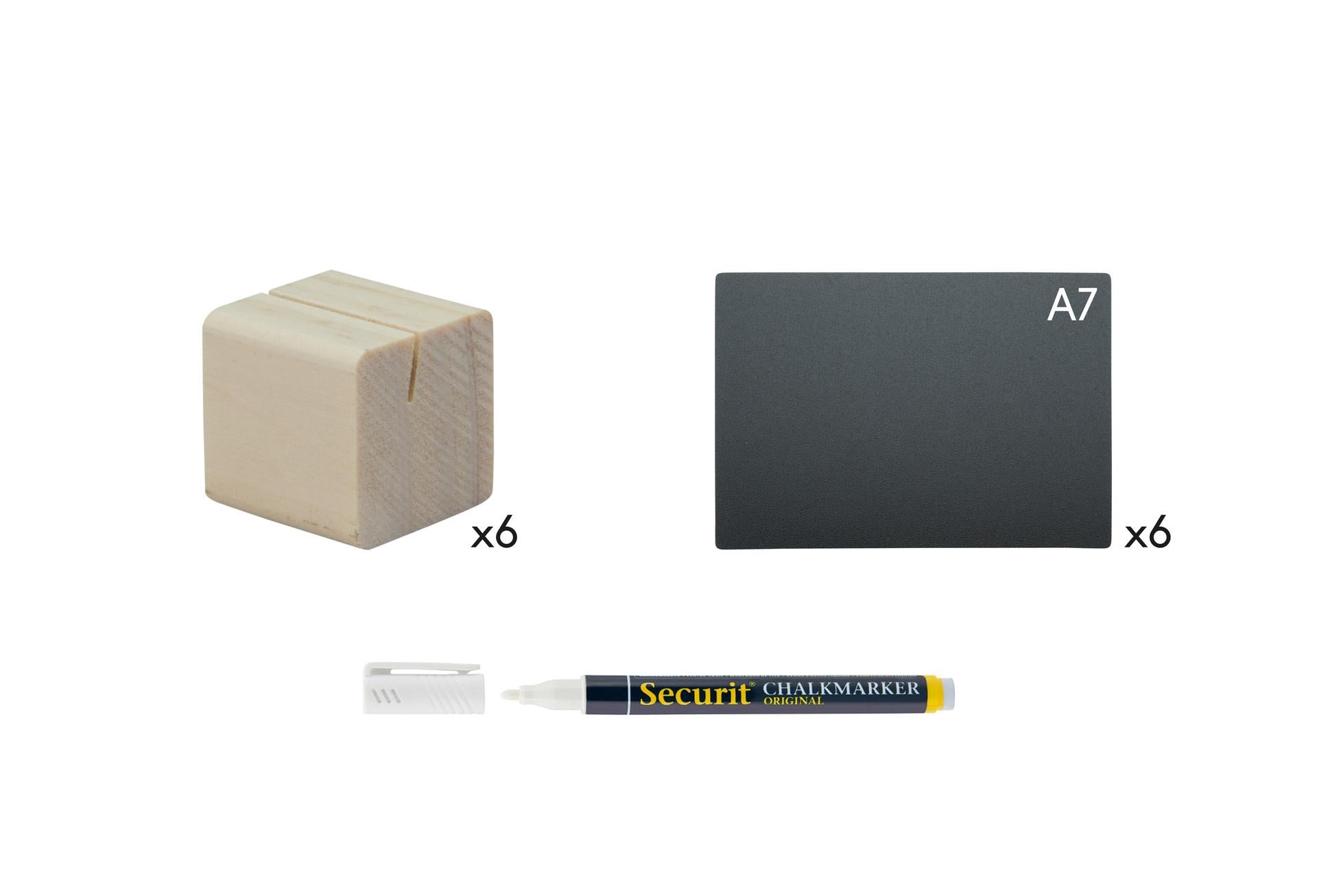 Securit Set 6 Supporti Porta Tag a Cubo In Legno Con Fessura - Include Pennarello Bianco e 6 Tag Neri Formato A7 - Set 6 Pz