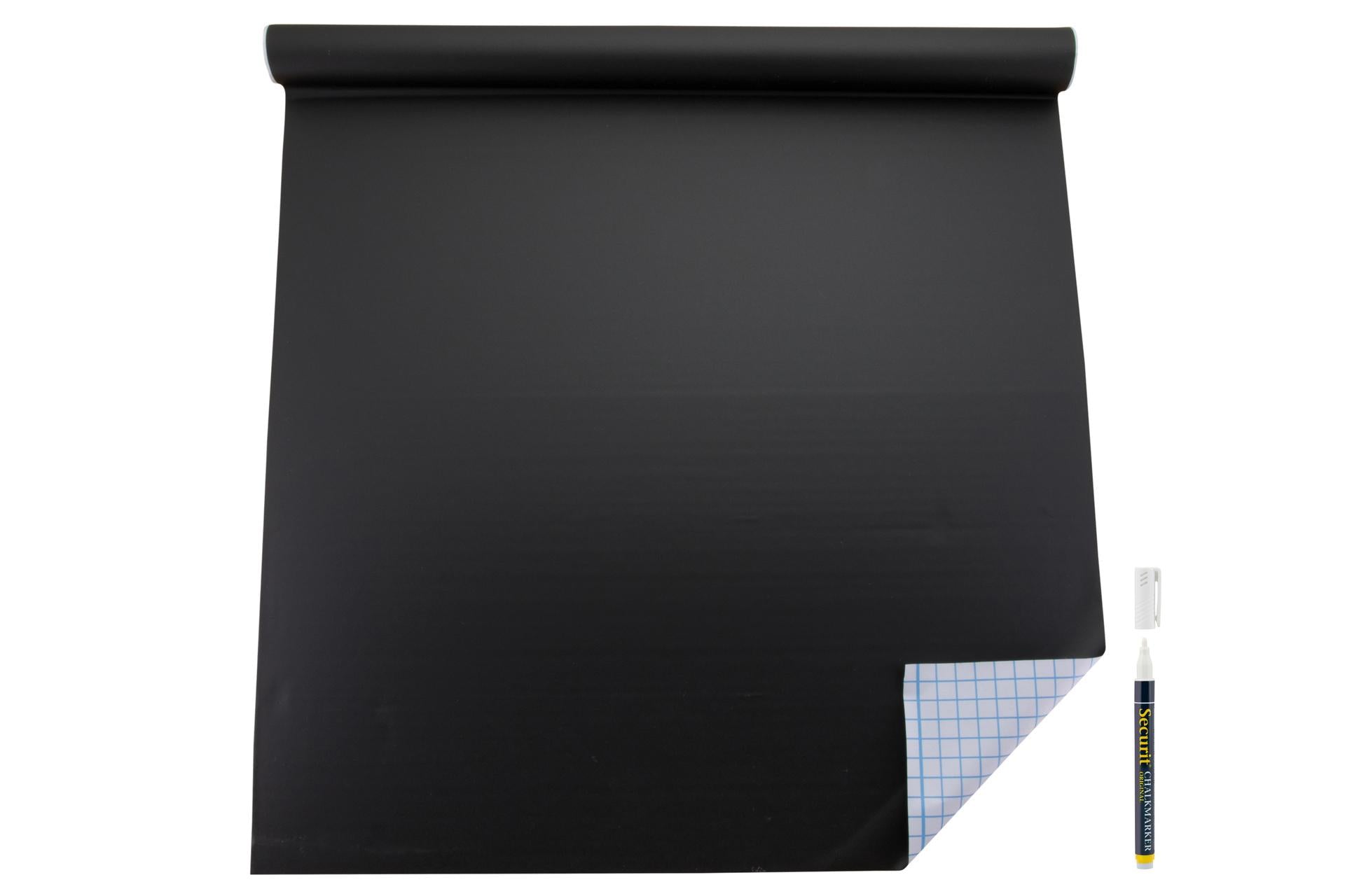 Securit Lavagna Adesiva Nera In Rotolo 100 x 45 cm In PVC Con Pennarello a Gesso Liquido Bianco - Set 12 Pz
