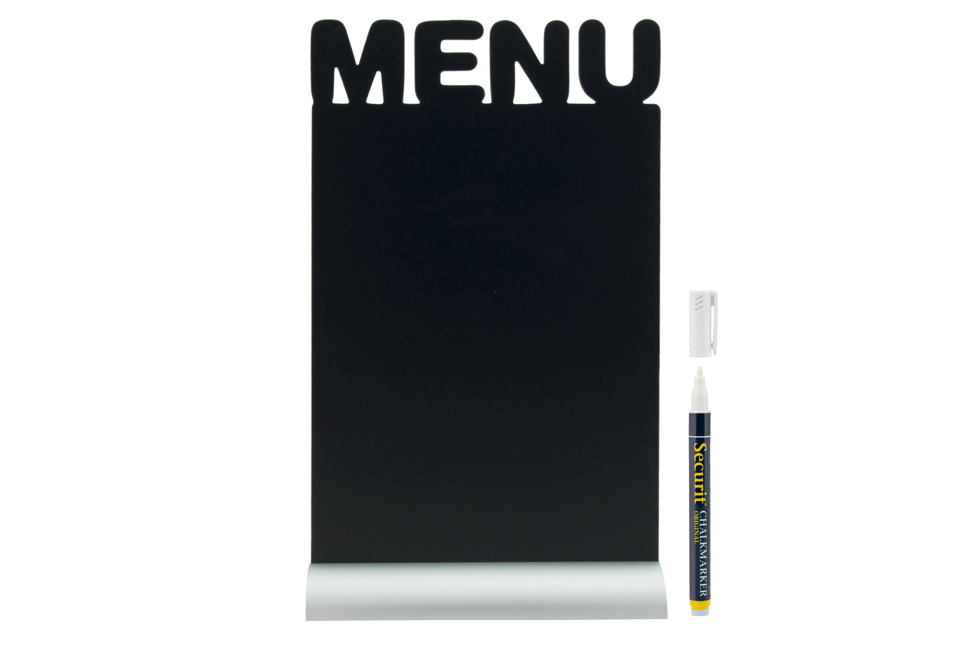 Securit Lavagna da Tavolo Doppia Faccia 21x6xH34.2 cm - Con Scritta "Menu" e Base in Alluminio, Pennarello Bianco Incluso