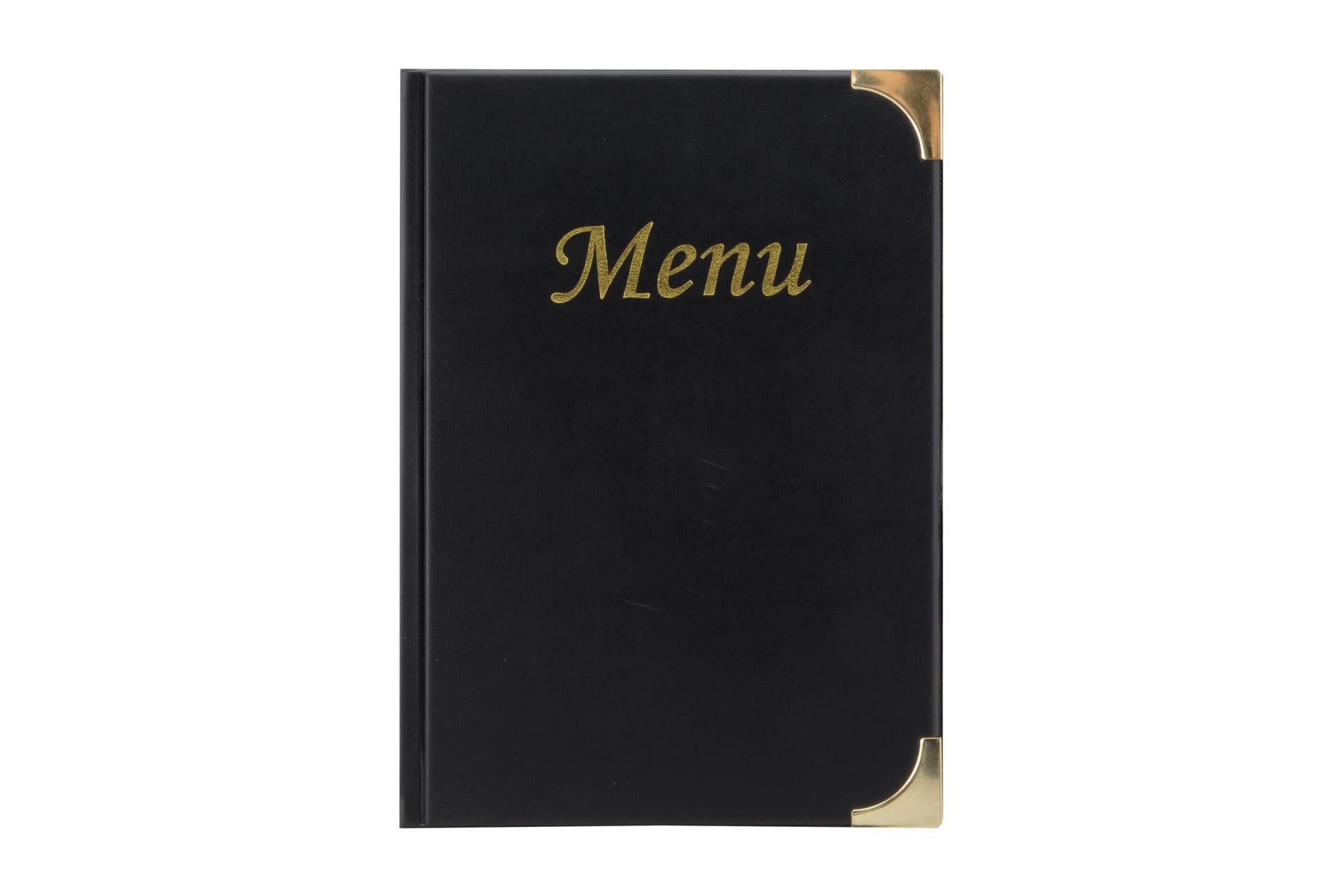 Securit Basic Portamenu Nero A4 10 Pagine - 31.5 x 24 cm In PVC Con Scritta "Menu" In Oro e Angoli Protettivi In Metallo Dorati - Set 10 Pz