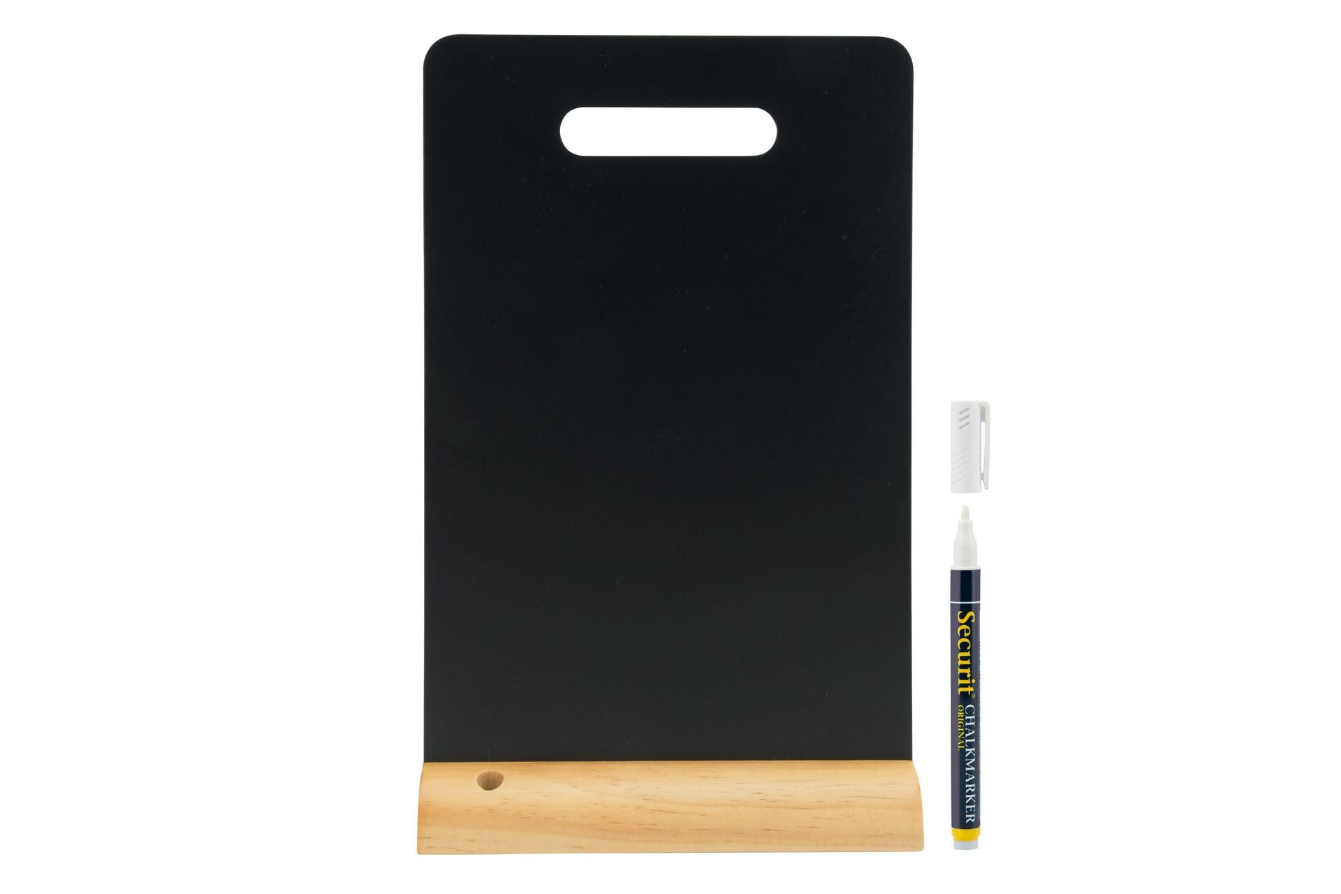 Securit Lavagna da Tavolo Rettangolare 21x6 H.33.5 cm - Base in Legno con Manico e Pennarello Bianco Incluso