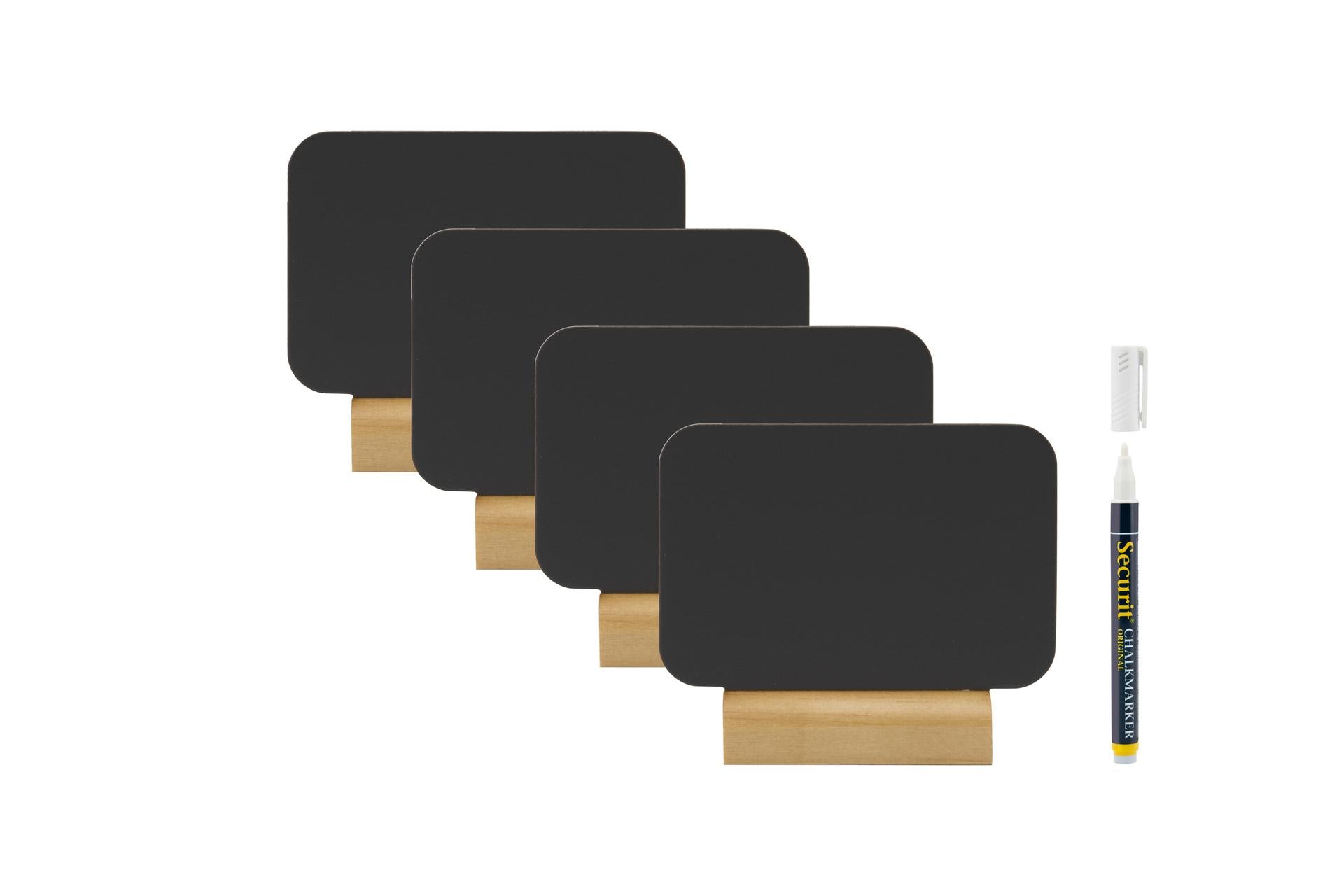Securit Set 4 Lavagnette da Tavolo Rettangolari 9x7.5x2 cm - Base in Legno con Pennarello Bianco Incluso - Set 4 Pz