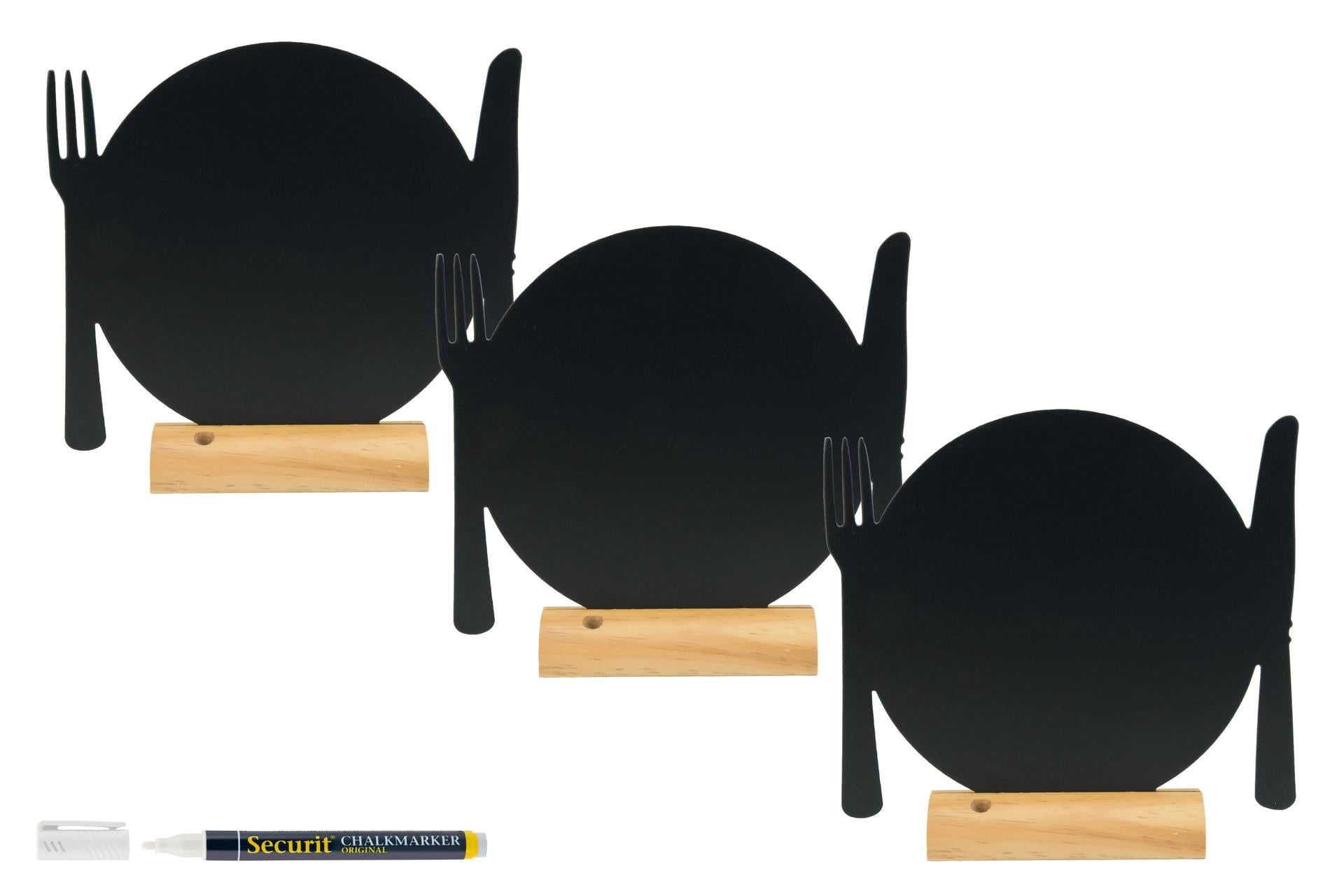 Securit Set 3 Lavagnette da Tavolo Forma Piatto con Posate - Base in Legno 10x10.5x2 cm con Pennarello Bianco Incluso - Set 3 Pz