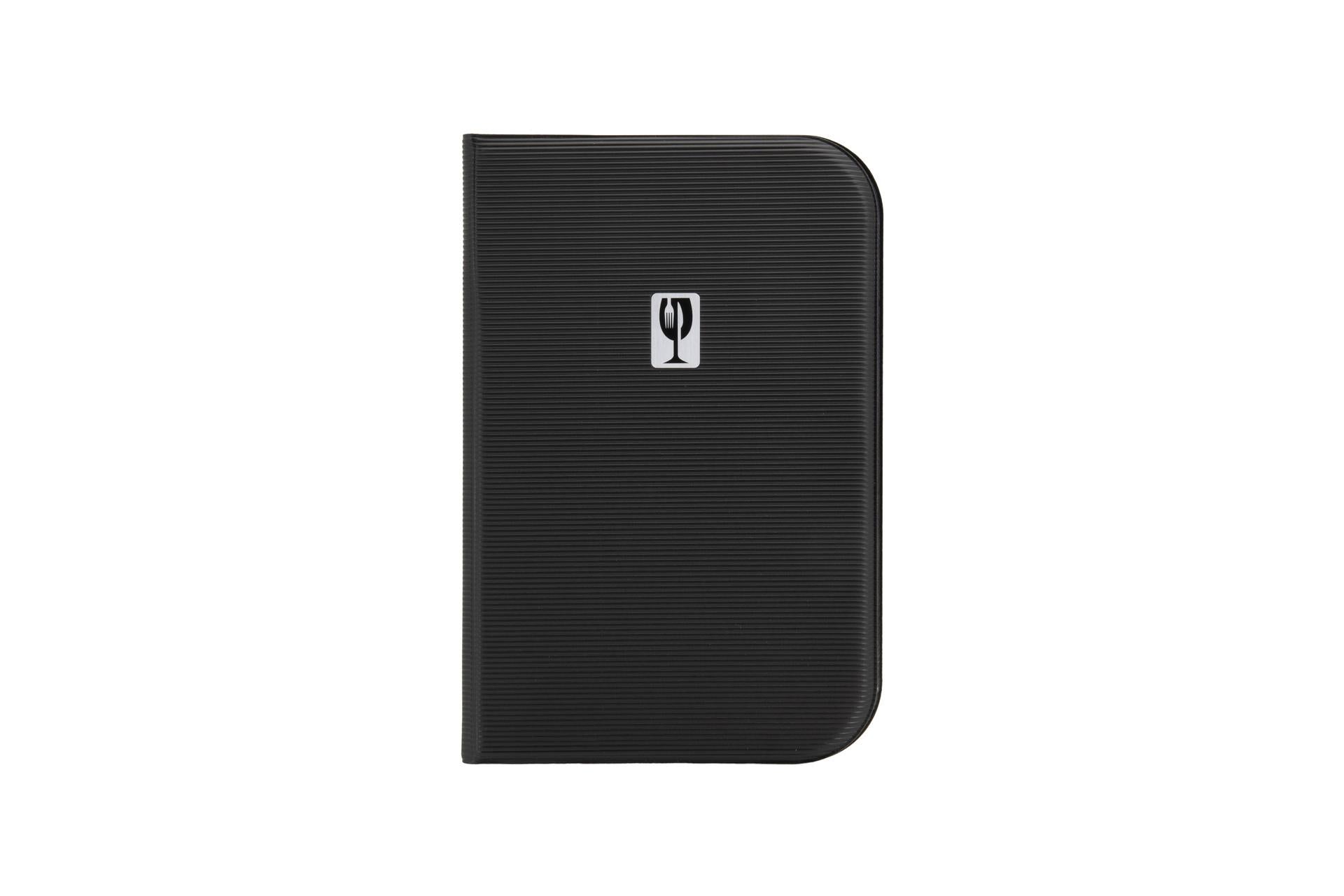 Securit Essential Portamenu A5 In PVC Nero Con Motivo Rigato e Placca In Metallo - 10 Inserti Non Rimovibili