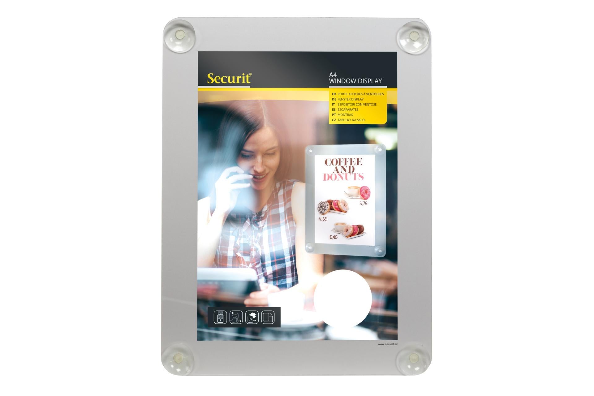 Securit Porta Poster da Vetrina Grigio A4 - 36 x 27.1 cm Con 4 Ventose, Trasparente e Resistente ai Raggi UV - Set 6 Pz
