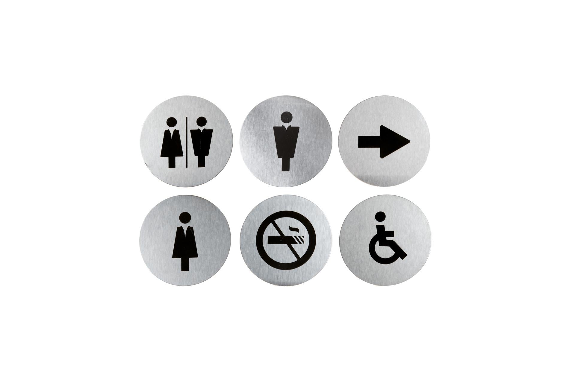 Securit Set 6 Targhette Adesive In Acciaio Inox - Simboli: Donna, Uomo, Unisex, Disabili, Freccia, Divieto Fumo - Ø10 cm - Set 6 Pz