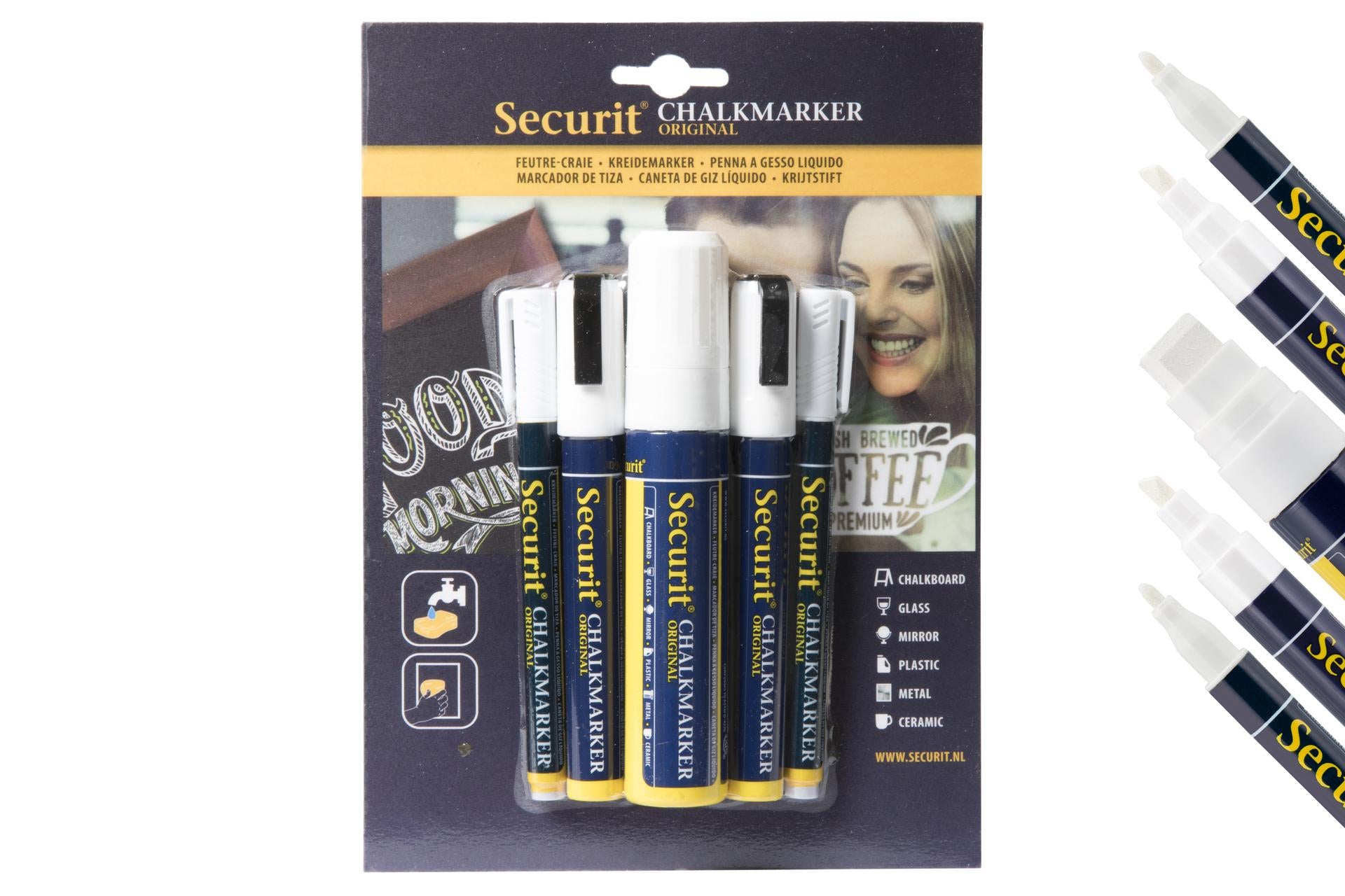Securit Set 5 Pennarelli a Gesso Liquido Bianchi - Punte 1-2 mm, 2-6 mm, 7-15 mm - Set 5 Pz