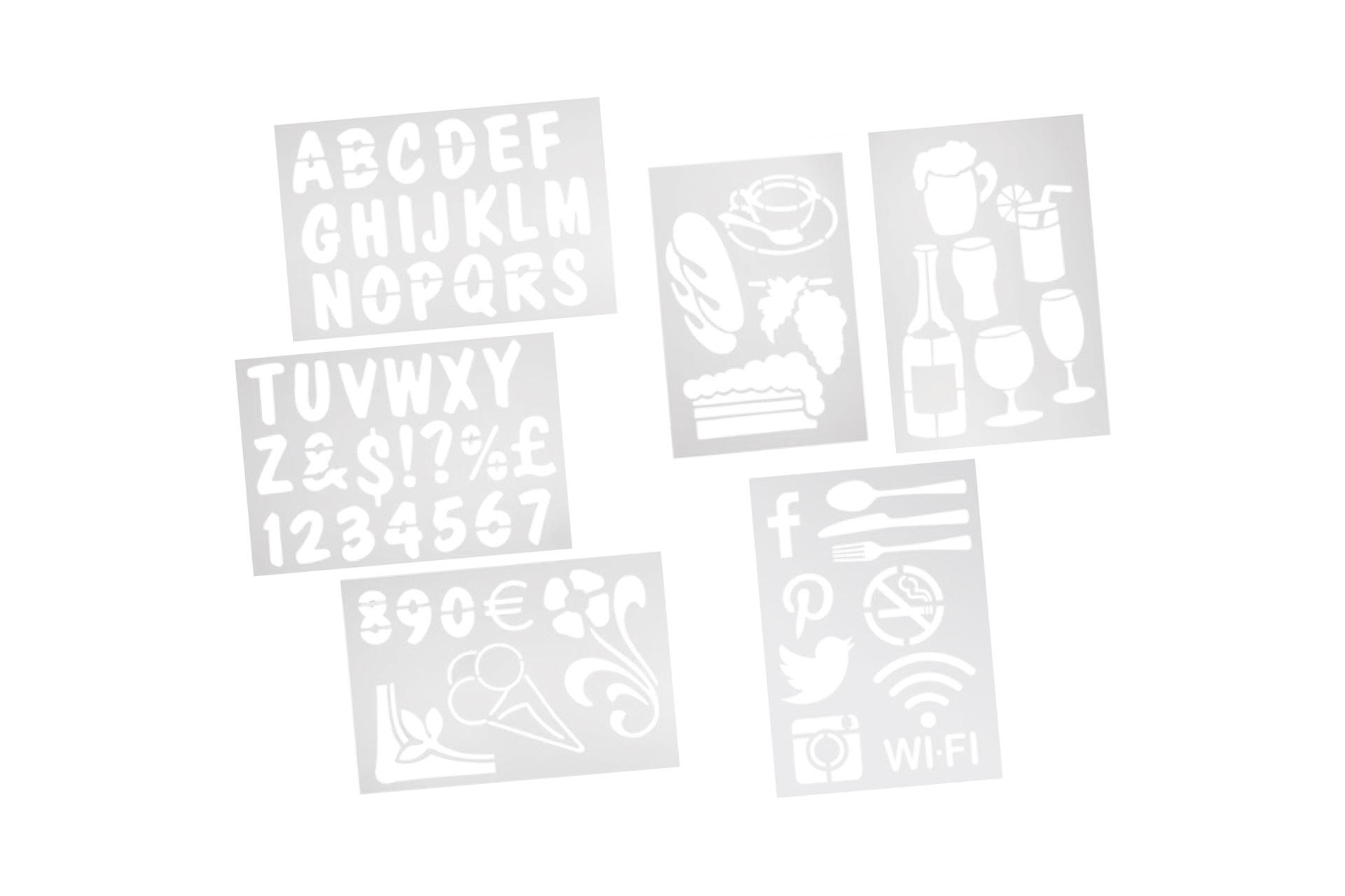 Securit Set di 6 Stencil In Plastica - Lettere, Numeri, Forme e Social Media 22x32 cm per Lavagne e Vetri