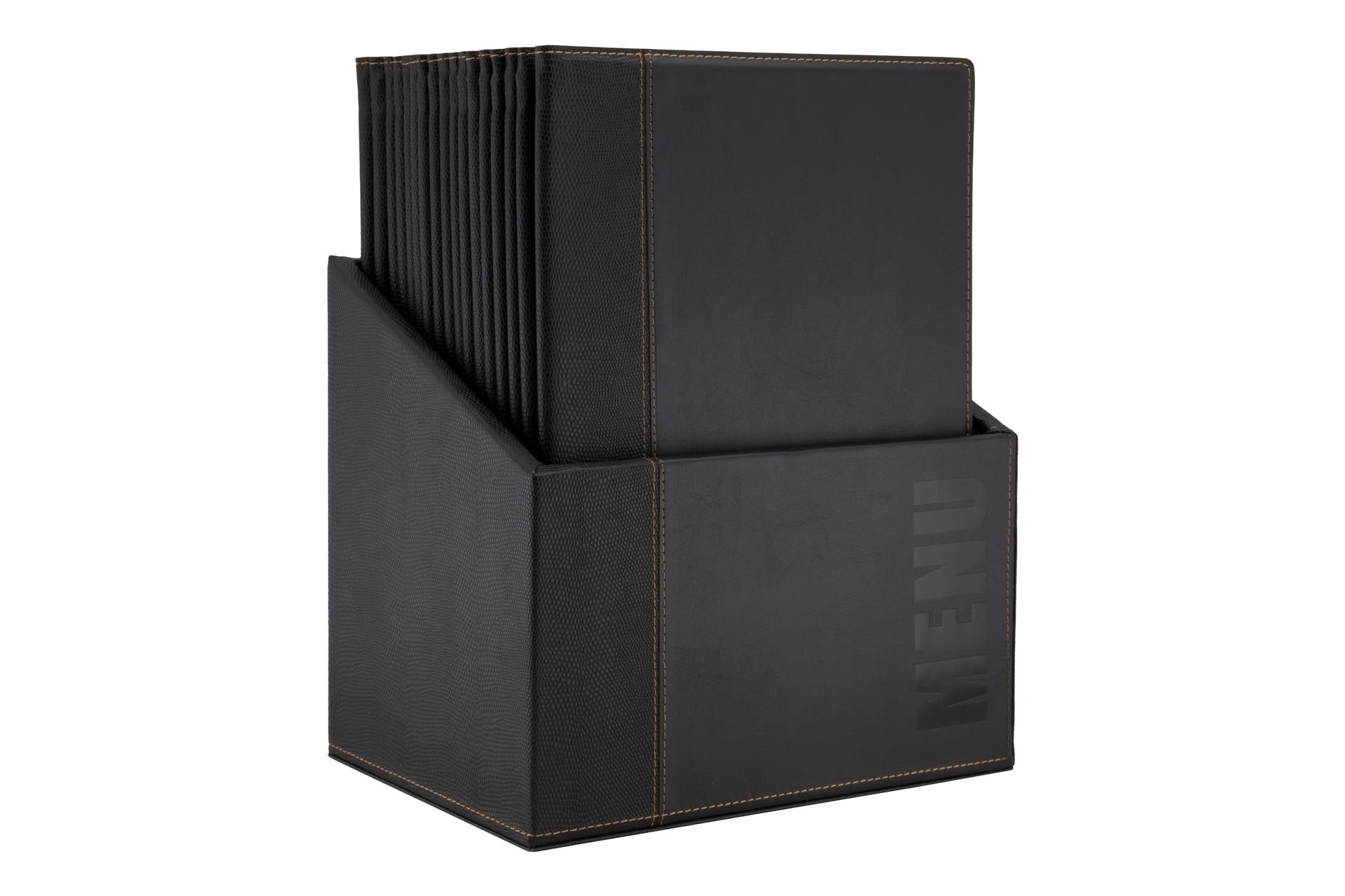 Securit Trendy Scatola Porta Menu A4 - 20 Pezzi Con Inserto Doppio Nero In Similpelle Con Scritta "Menu" 27,9x19,7xH35,2 cm