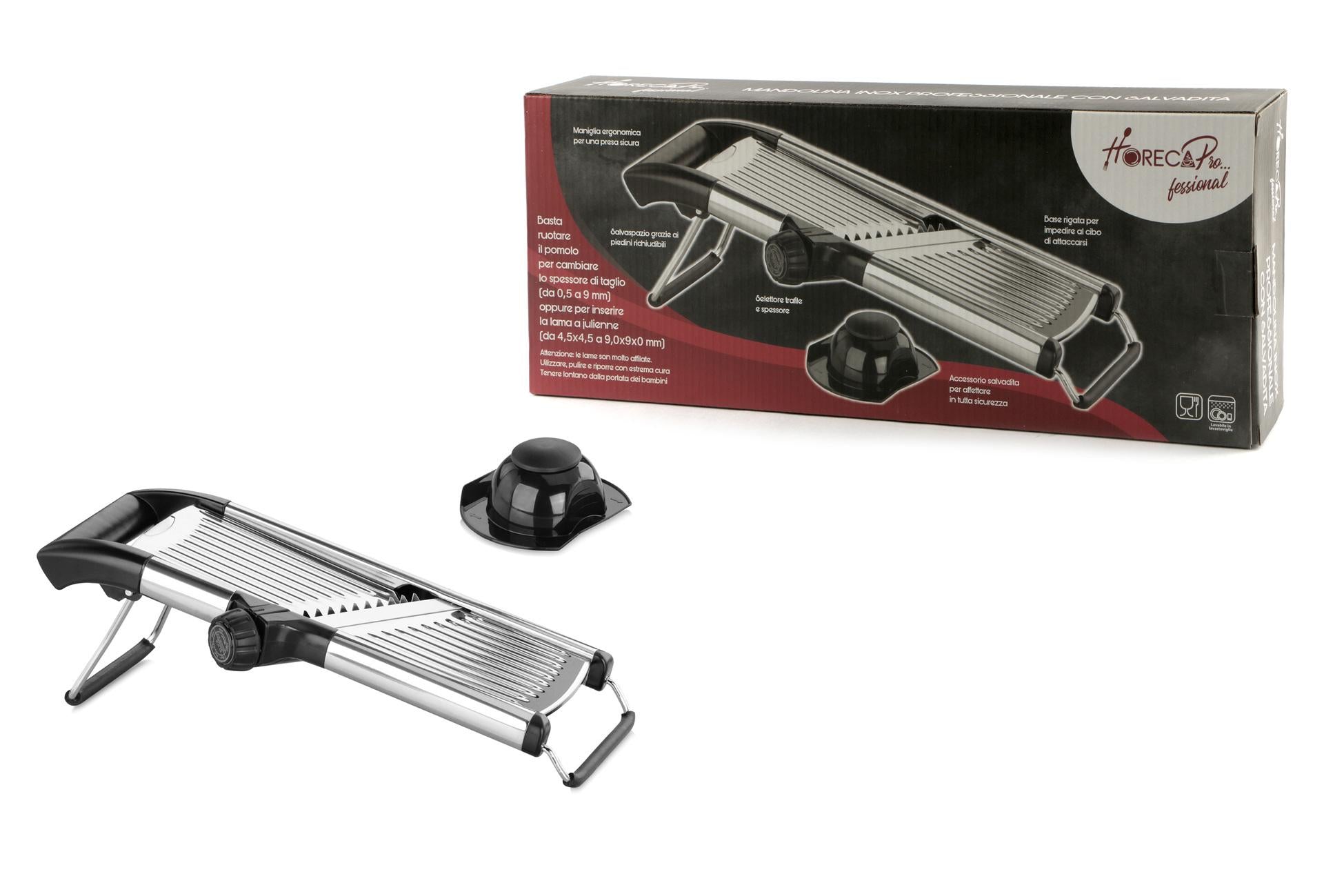 HorecaProfessional Mandolina Inox Con Salvadita AMS-03 - Affettatrice Regolabile In Acciaio Inossidabile