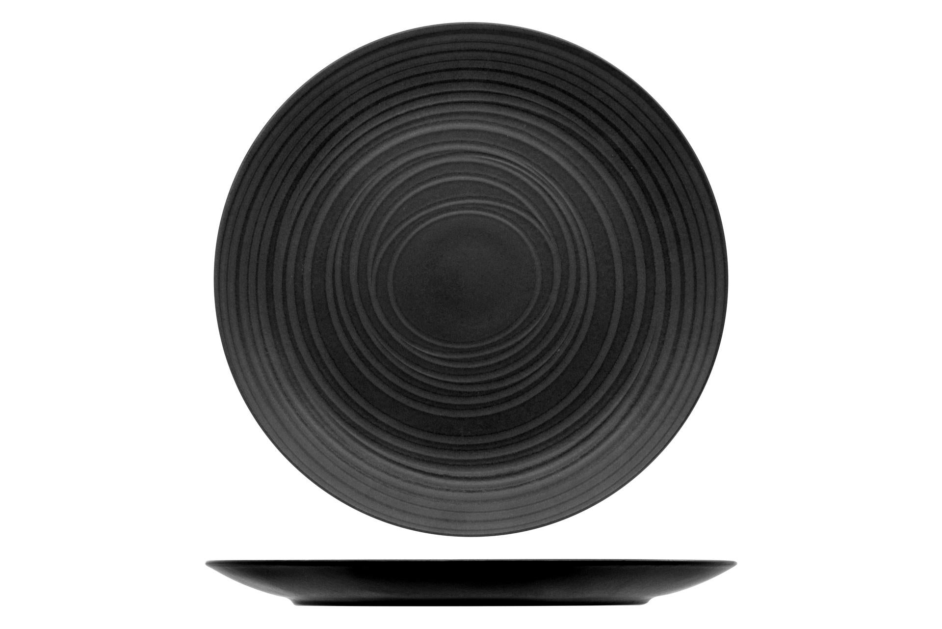 Mesa Ceramics Orbit Piatto Piano Coupe Ø33 cm In Stoneware Nero Con Decoro Reattivo Concentrico - Set 4 Pz