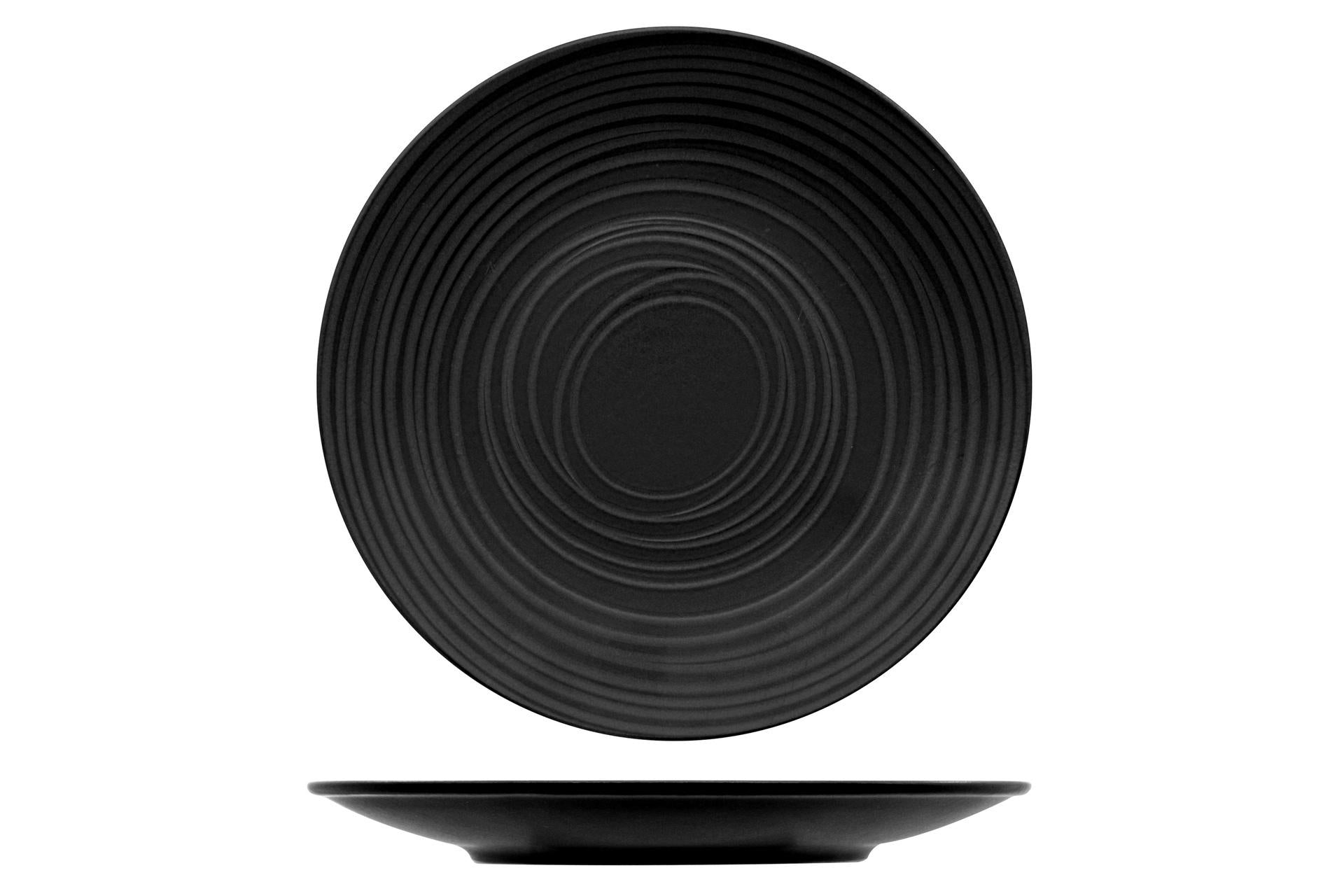 Mesa Ceramics Orbit Piatto Piano Coupe Ø27.5 cm In Stoneware Nero Con Decoro Reattivo Concentrici - Set 4 Pz
