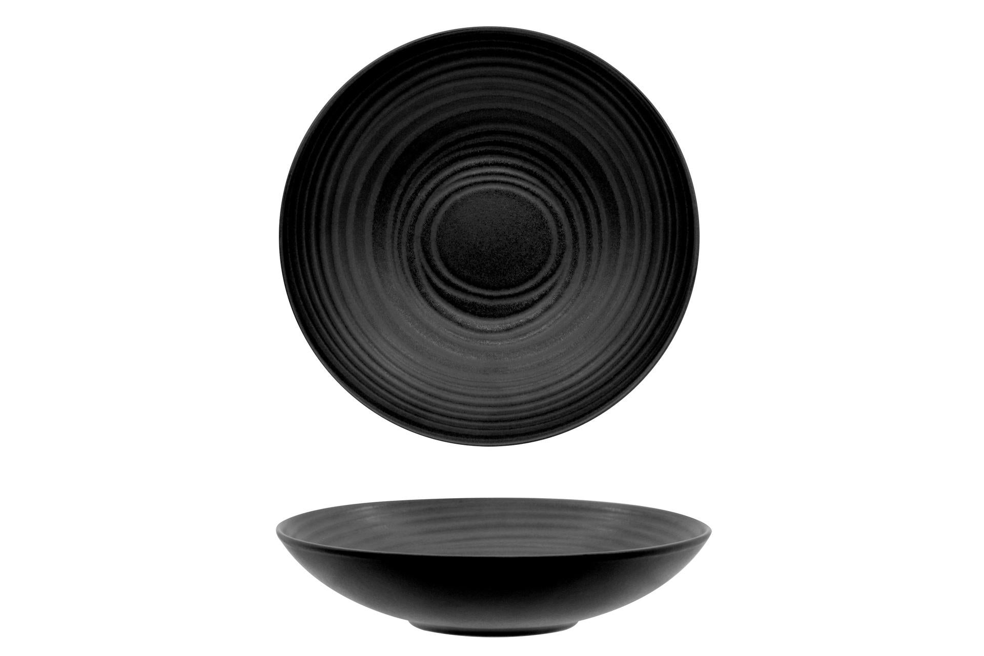 Mesa Ceramics Orbit Piatto Fondo Coupe Ø22.4 cm In Stoneware Nero Con Decoro Reattivo Concentrico - Set 4 Pz