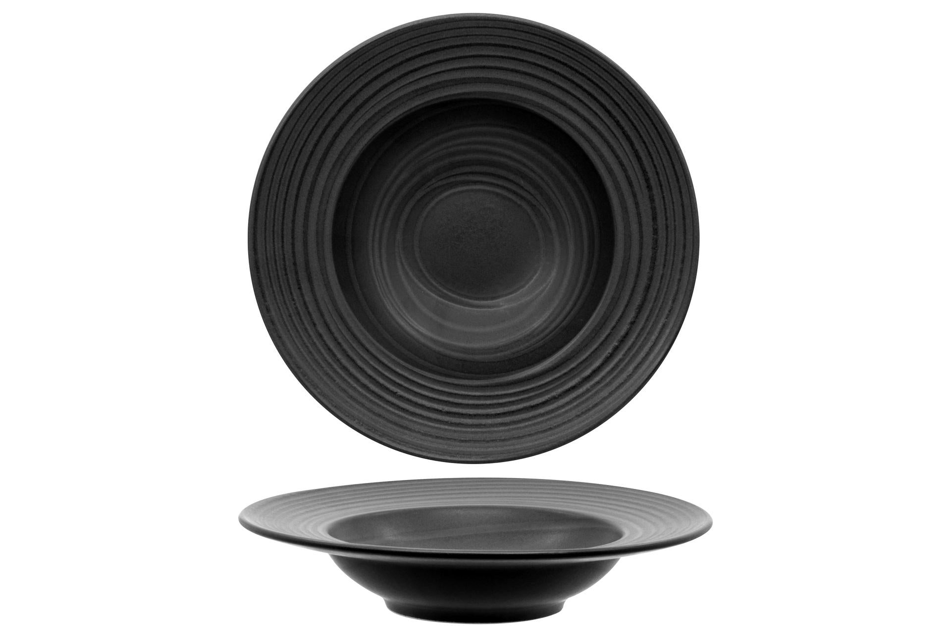 Mesa Ceramics Orbit Pasta Bowl Ø27 cm - Stoneware Nero Con Decoro Reattivo Concentrico - Set 4 Pz