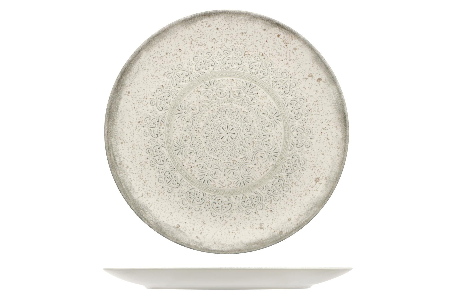 Mesa Ceramics Lace Piatto Piano Coupe Ø33 cm In Stoneware Con Effetto Invecchiato e Decoro Pizzo - Set 4 Pz