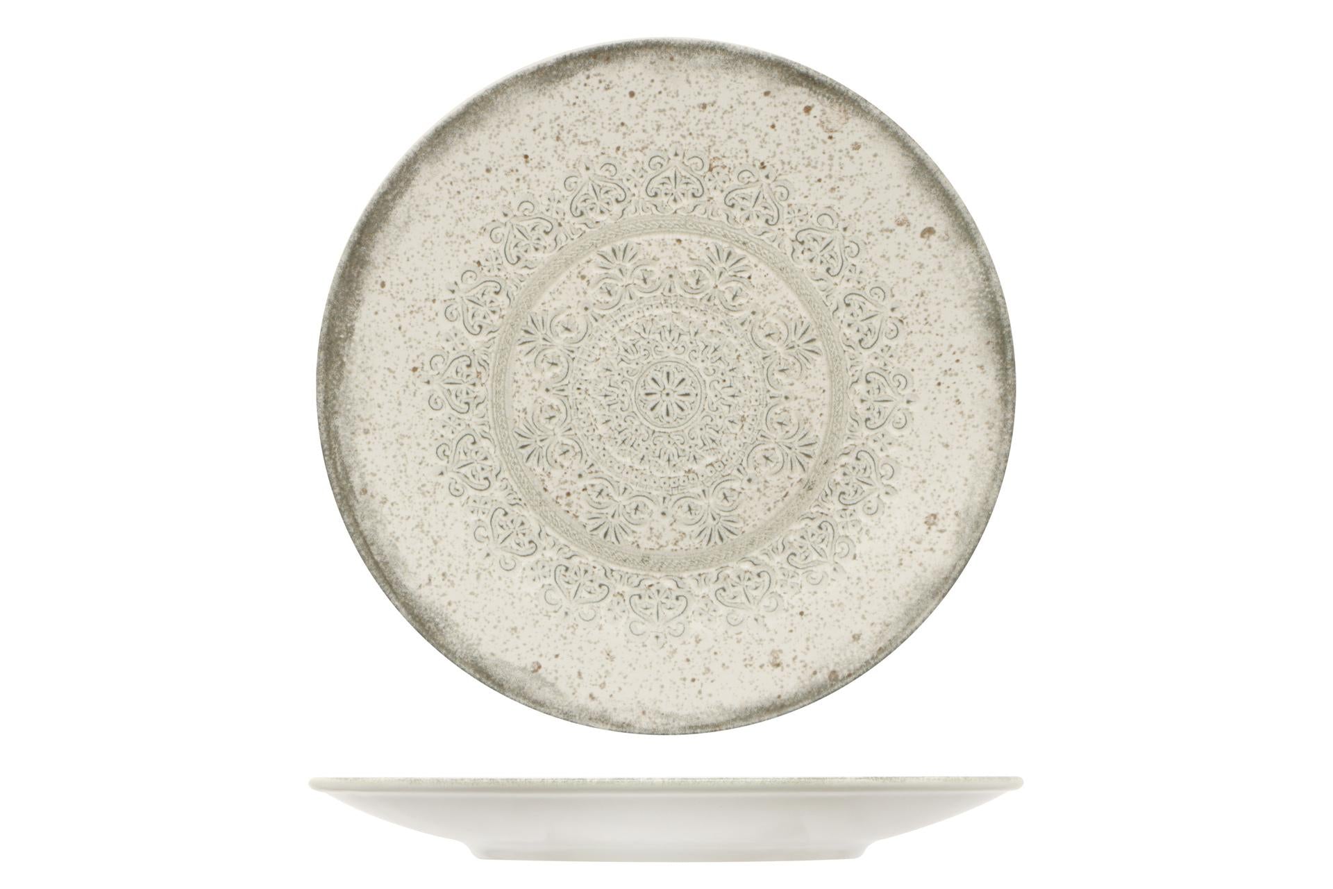 Mesa Ceramics Lace Piatto Piano Coupe Ø27.5 cm In Stoneware Con Effetto Invecchiato e Decoro Pizzo - Set 4 Pz