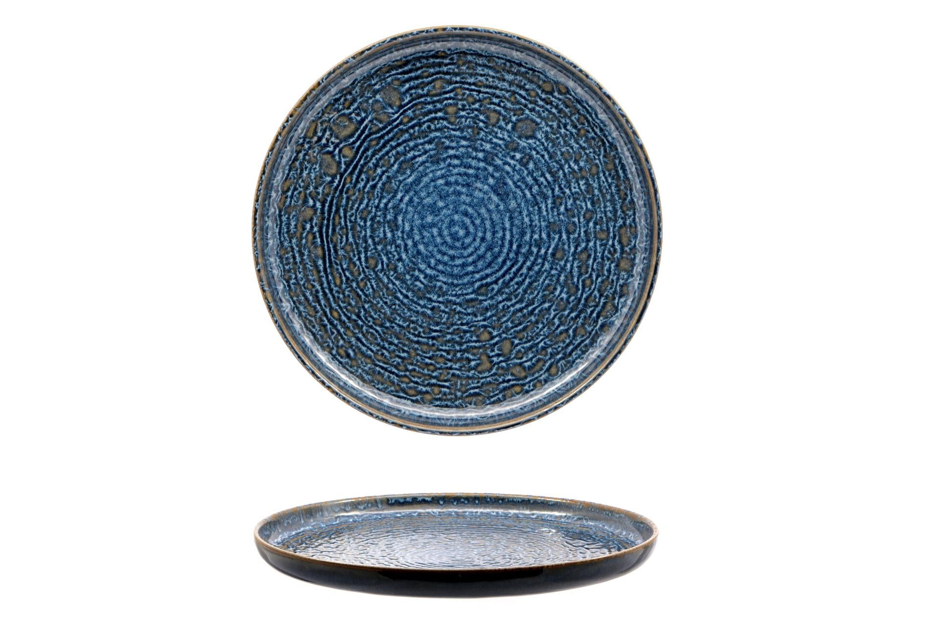 Mesa Ceramics Okeanos Piatto Piano Bordo Alto Ø22 cm In Stoneware - Collezione Contemporanea Decorazione Blu - Set 4 Pz