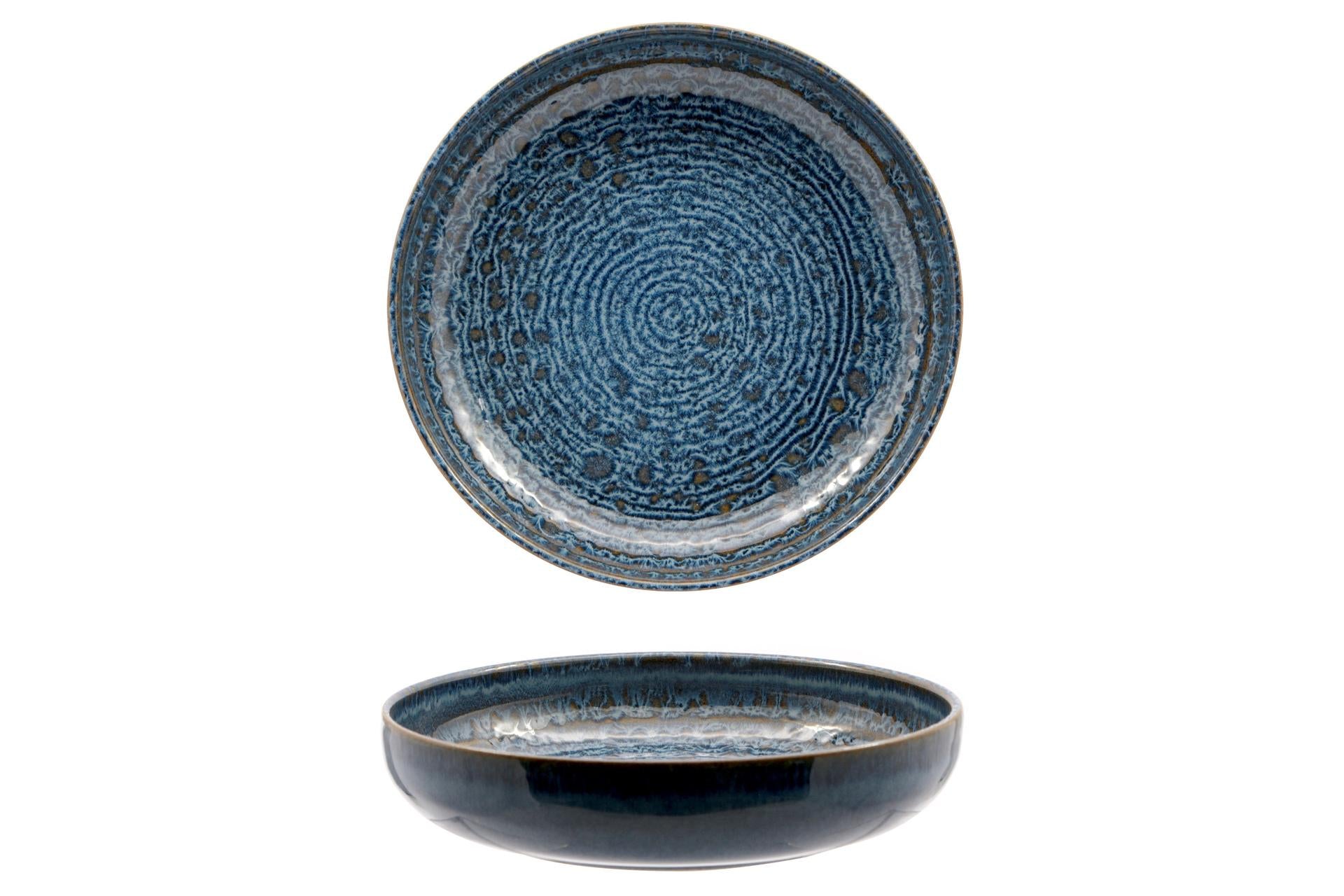 Mesa Ceramics Okeanos Piatto Fondo Ø22 cm In Stoneware - Collezione Contemporanea Decorazione Blu - Set 4 Pz