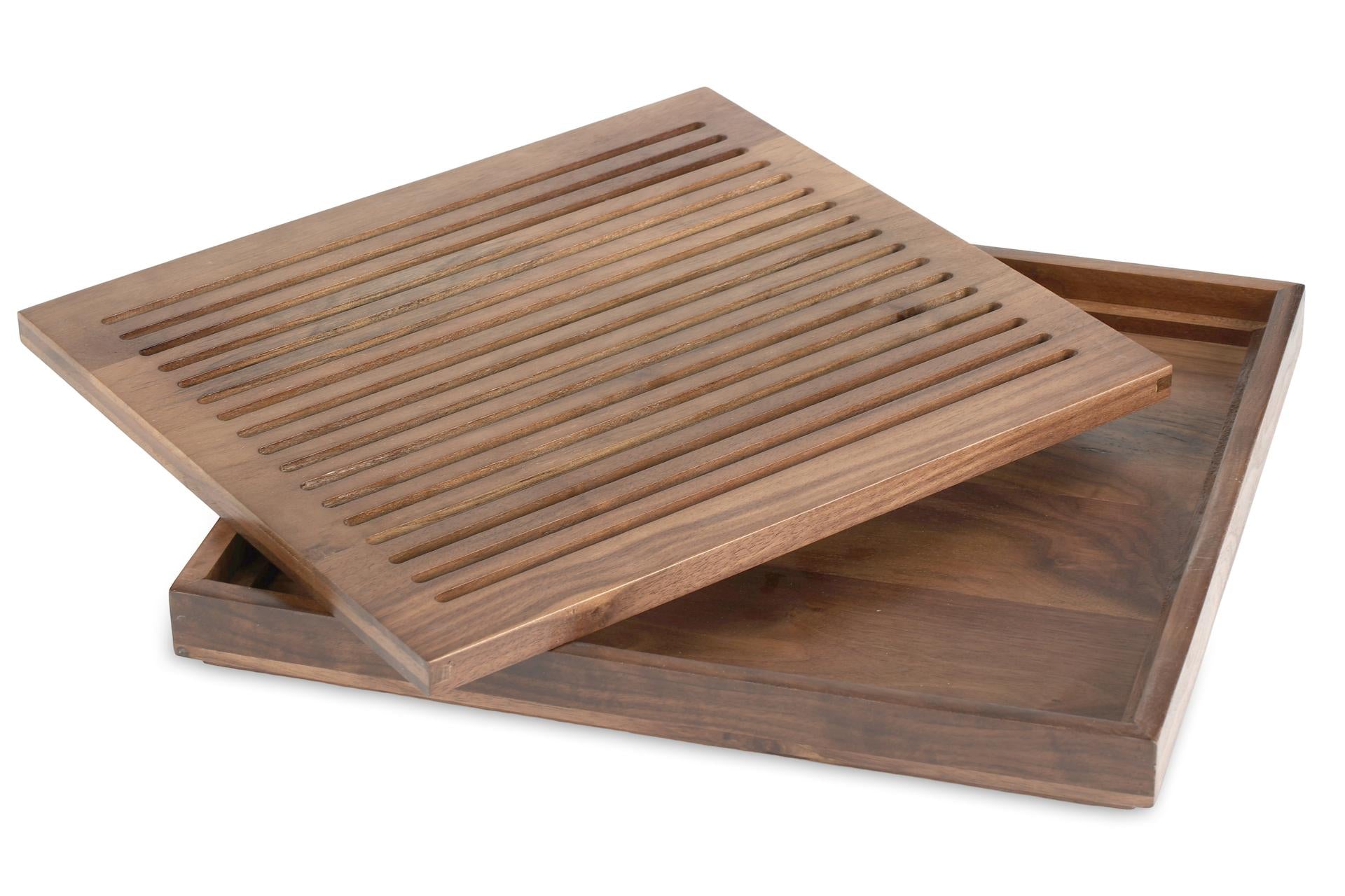 APS Tagliere GN 2/3 H.3.5 cm - 35.4 x 32.5 cm In Legno di Noce Oliato Con Vassoio Raccolta Estraibile