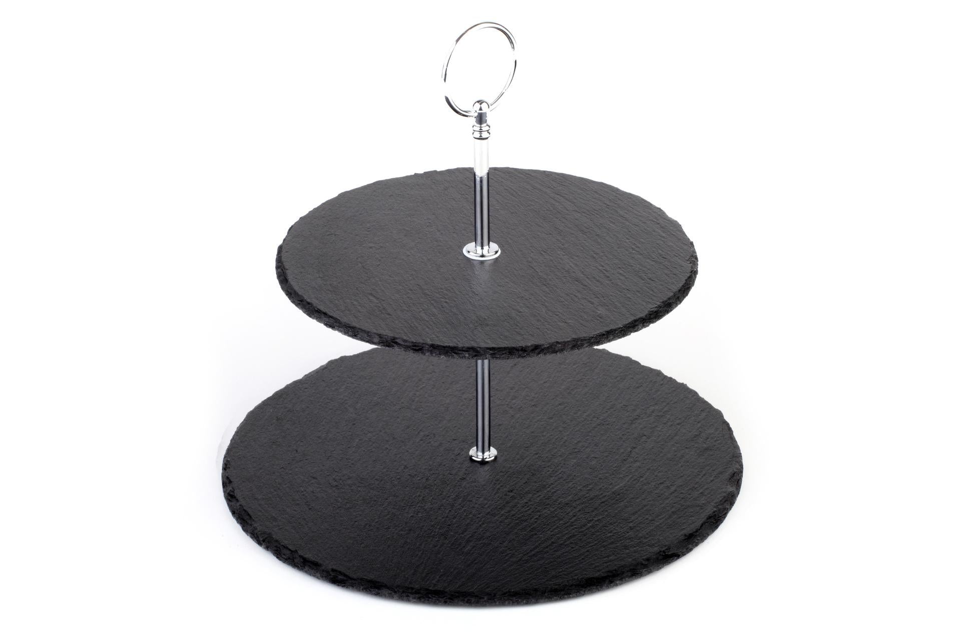 APS Alzata a 2 Piani In Ardesia Naturale Ø25-20 cm - H.24 cm Con Piedini Antiscivolo