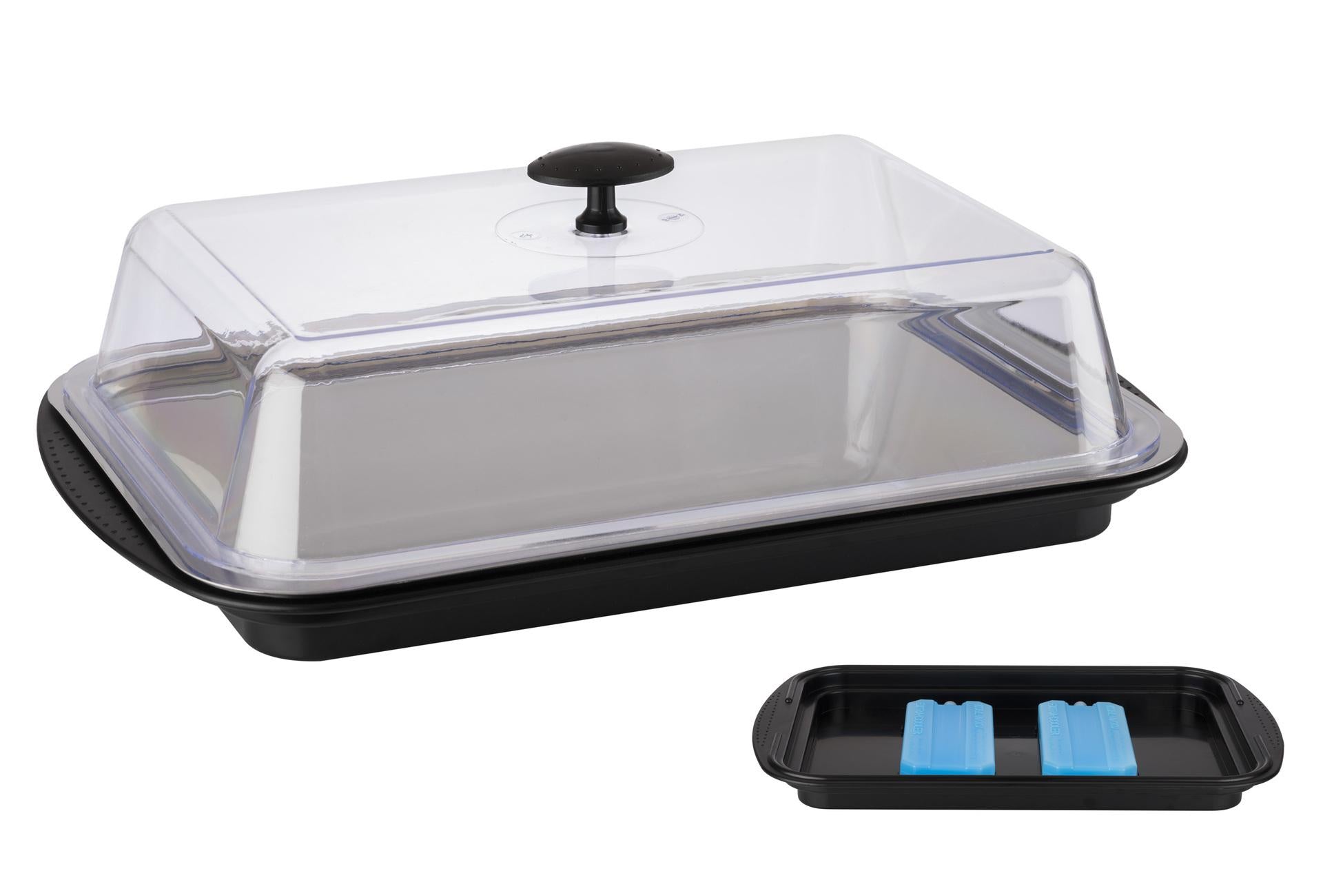 APS Vassoio Termico Rettangolare 43 x 2 x H14 cm - Base PS Nero, Vassoio Inox 18/0, Coperchio Trasparente, 2 Refrigeratori, Cintura Silicone per Trasporto