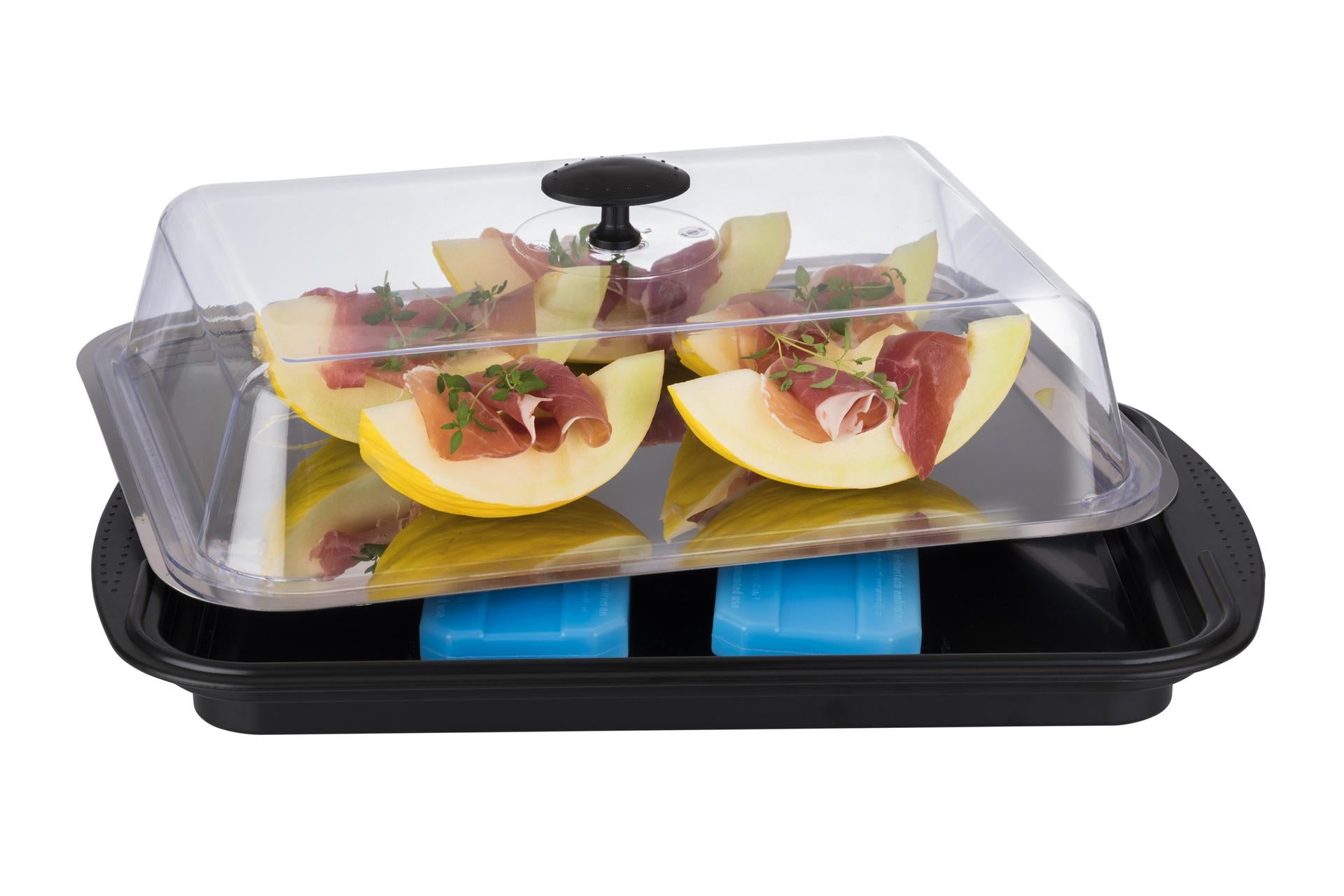 APS Vassoio Termico Rettangolare 43 x 2 x H14 cm - Base PS Nero, Vassoio Inox 18/0, Coperchio Trasparente, 2 Refrigeratori, Cintura Silicone per Trasporto 3