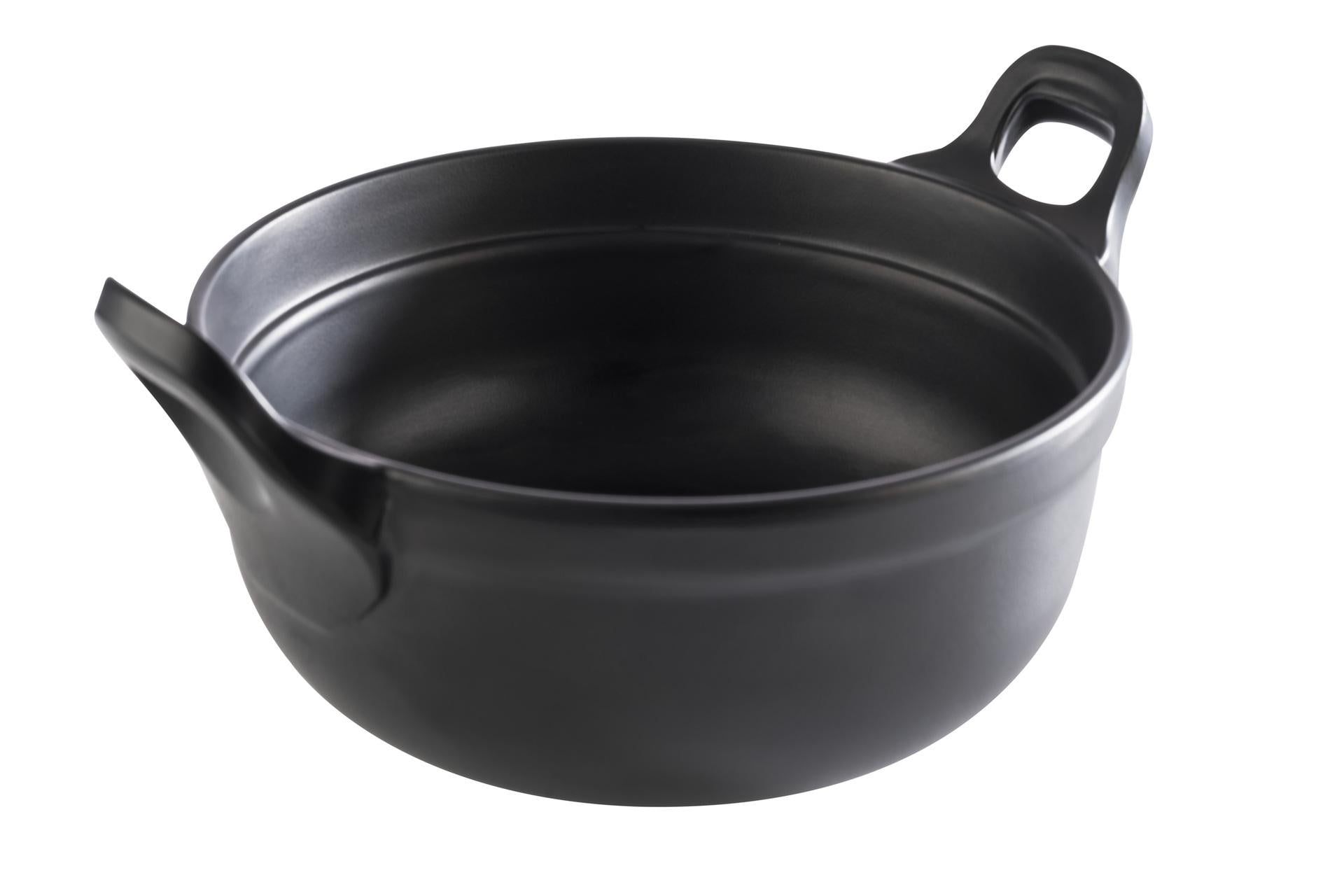 APS Padella-Cocotte In Melamina Nera H.9 cm - Ø21 cm Con Manici e Piedini Antiscivolo
