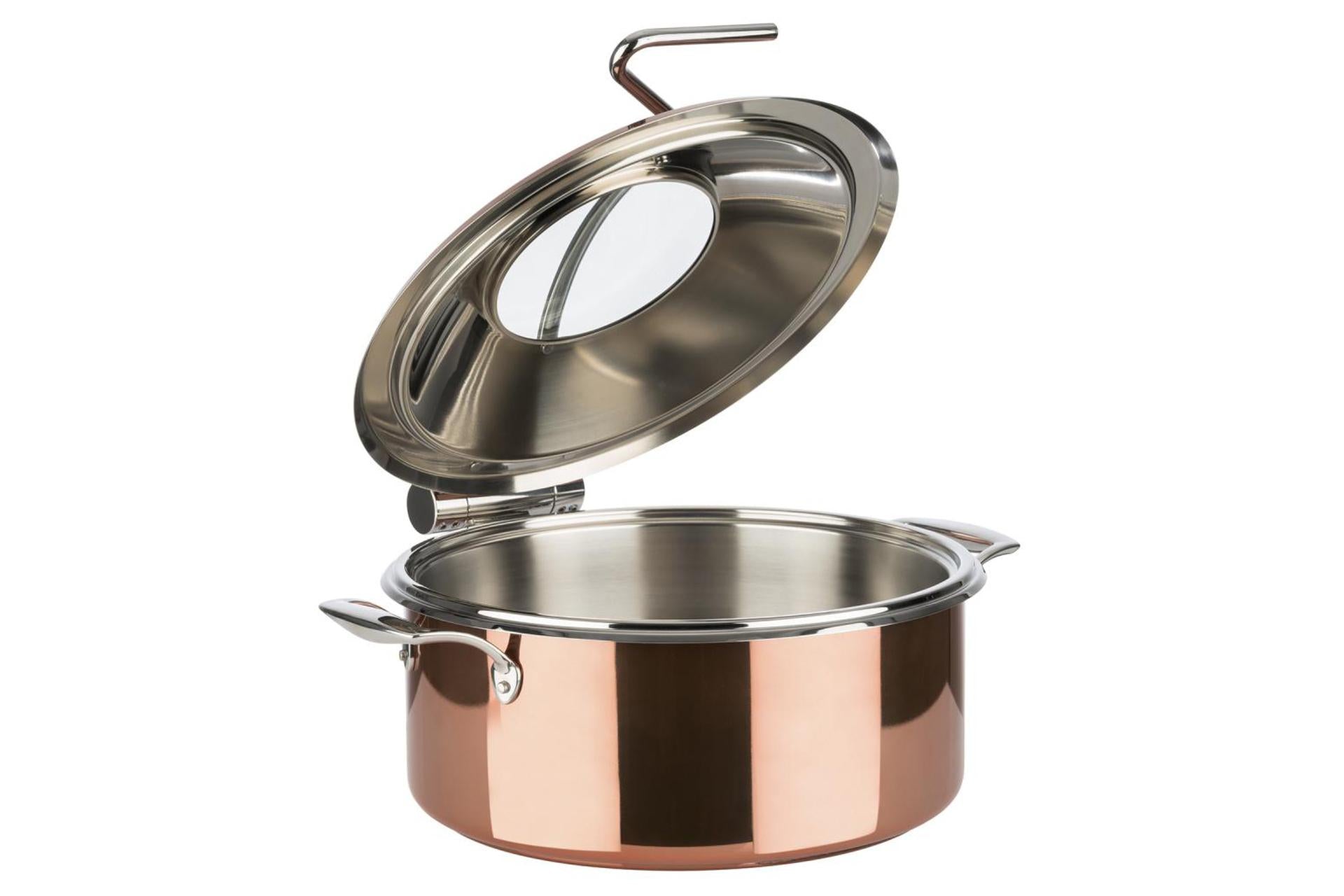APS Chafing Dish Set 4 Pezzi In Acciaio Inox Placcato Rame - Pentola 8L, Ciotola 4L, Coperchio con Inserto in Vetro - Adatto per Tutti i Tipi di Cottura, Induzione Inclusa - Set 4 Pz