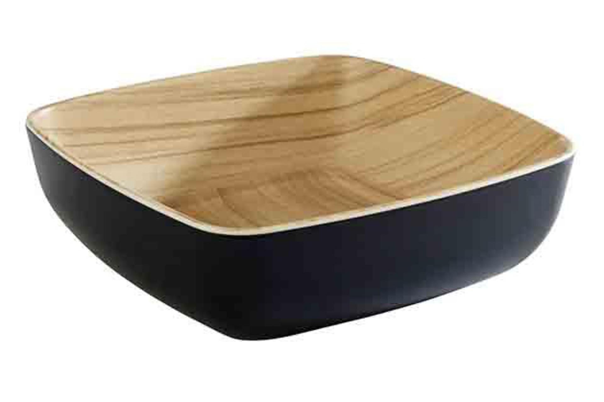 APS Frida Ciotola Quadrata 25x25xH.7.5 cm In Melamina - Interno Effetto Legno, Esterno Nero, Antiscivolo, Impilabile
