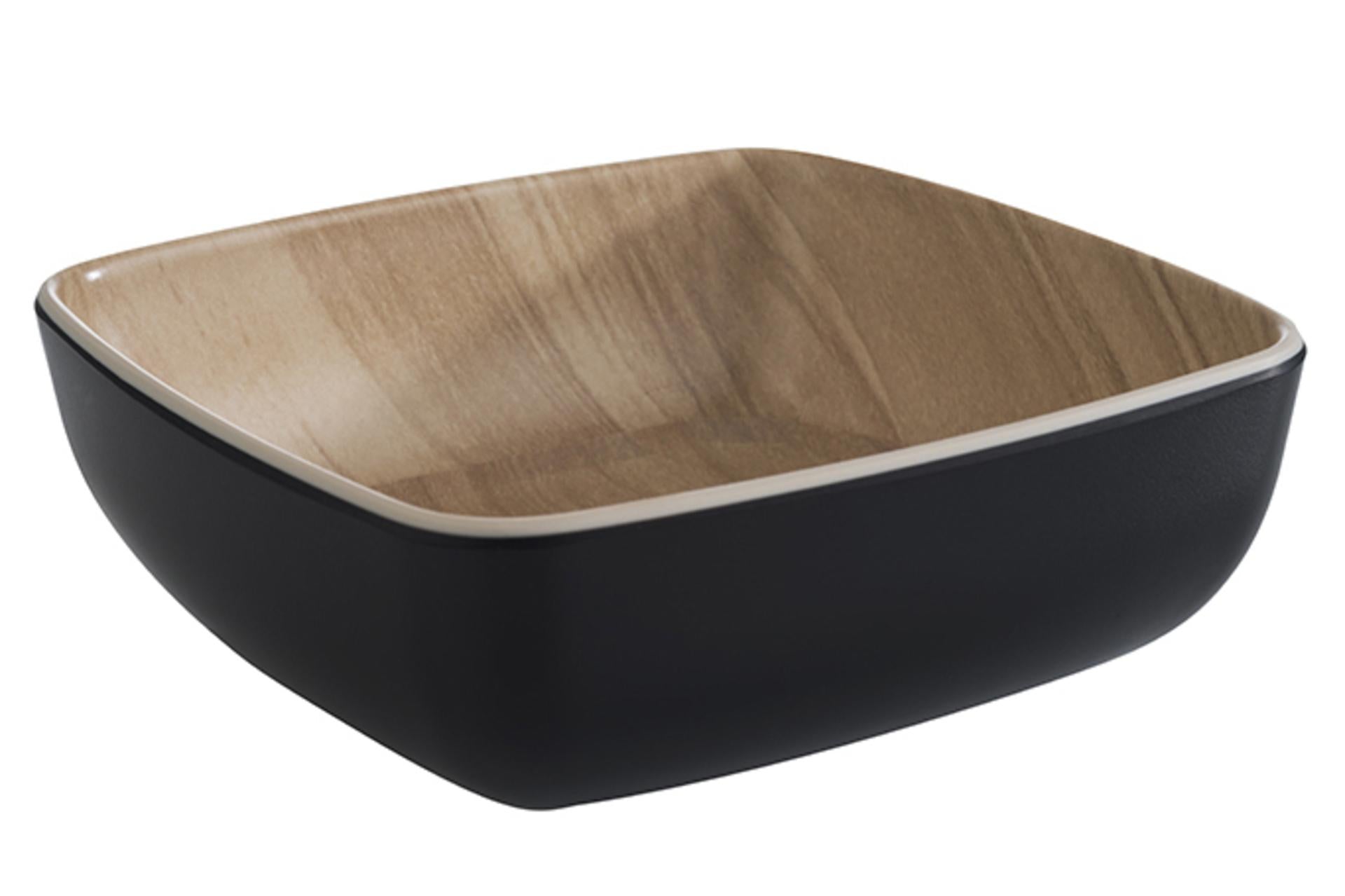 APS Frida Ciotola Quadrata H.4.5 cm - 12.5 x 12.5 cm In Melamina Con Gommini Antiscivolo, Interno Effetto Legno, Esterno Nero, Impilabile