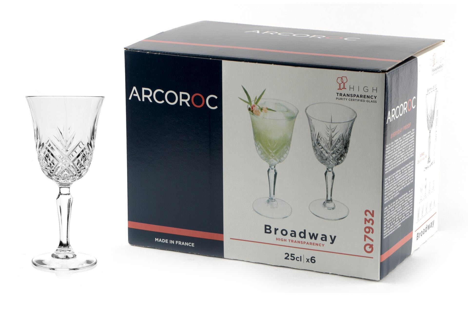 Arcoroc Broadway Calice Vino-Cocktail 25 cl - Vetro Trasparente Resistente - Set 6 Pz